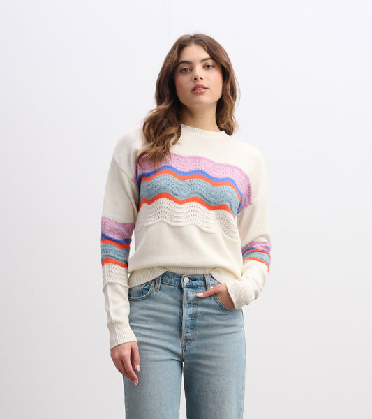 Light cream sweater featuring a wave pattern in pastel colors, with a relaxed fit and ribbed cuffs.