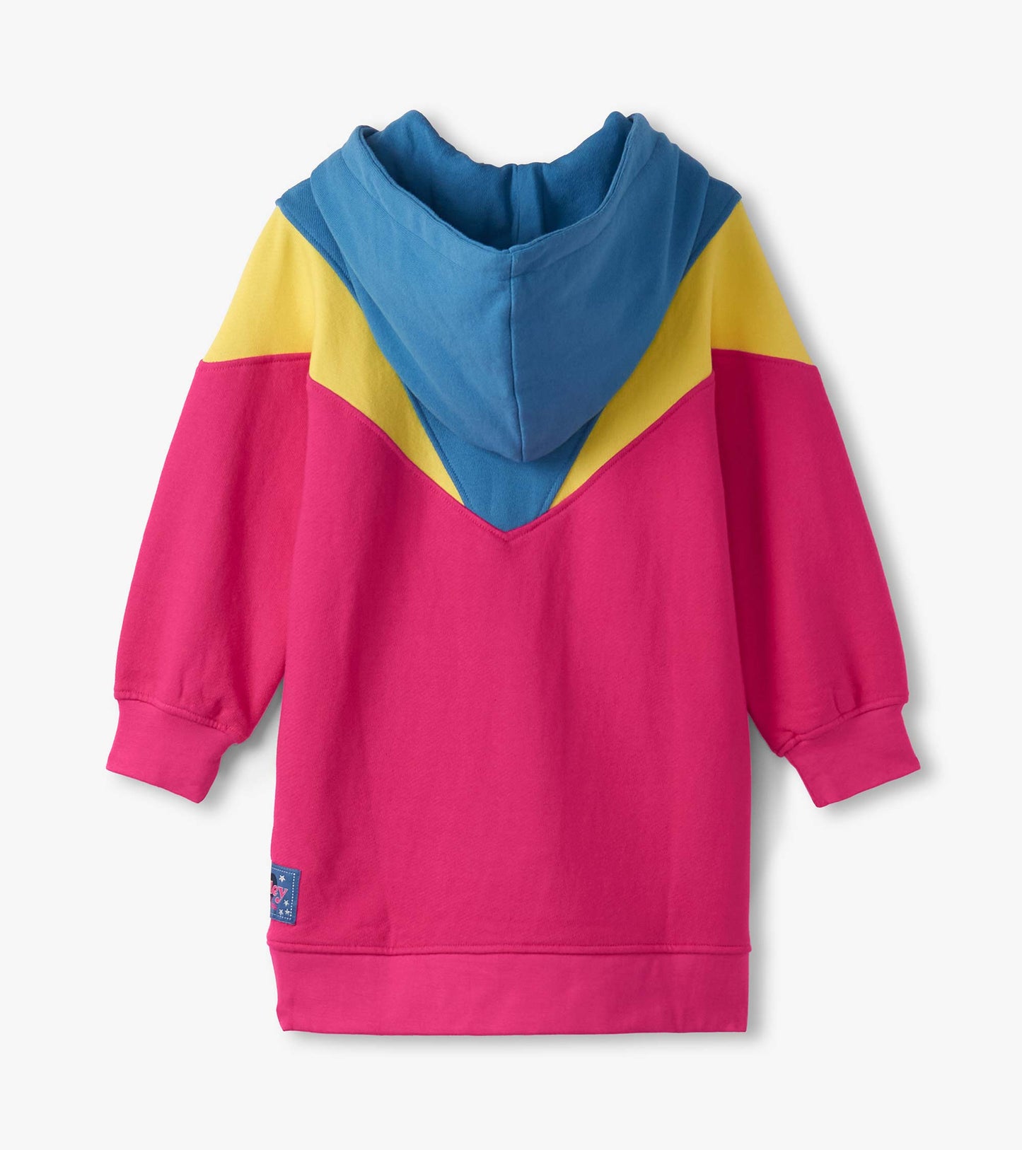 Half-zip dress featuring a color block design in pink, blue, and yellow, with a hood and long sleeves.