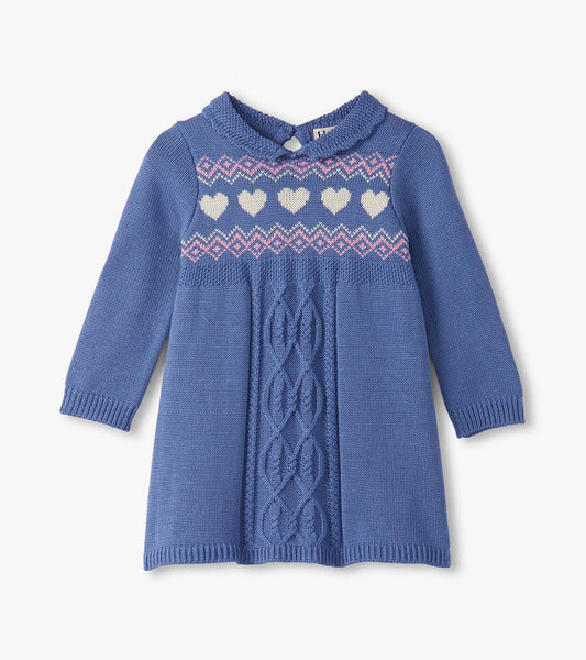 Blue cable knit sweater dress for baby and toddler girls, featuring a heart pattern and a collared neckline.