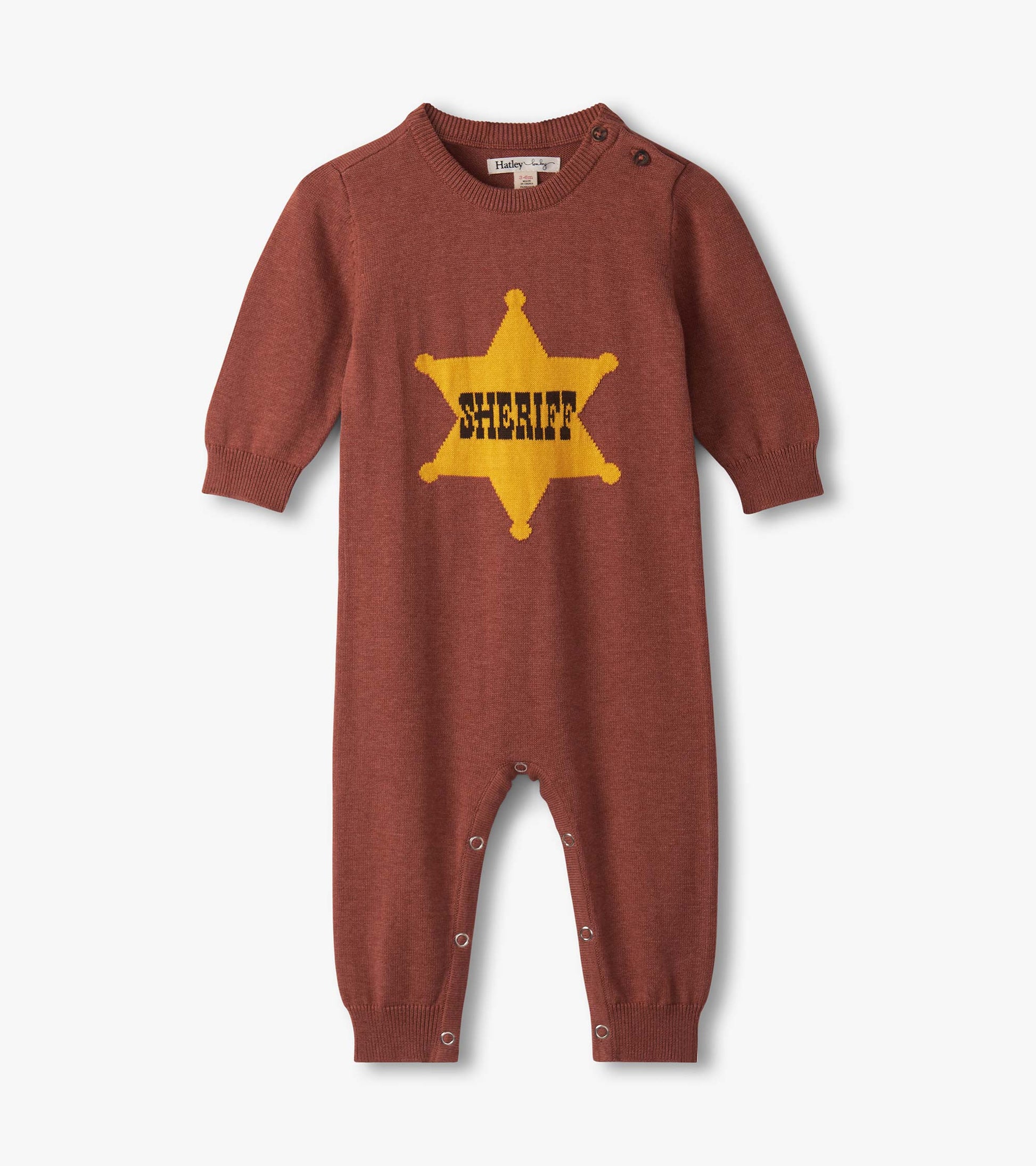 Brown knit romper featuring a yellow sheriff star graphic and snap closures at the legs for easy dressing.
