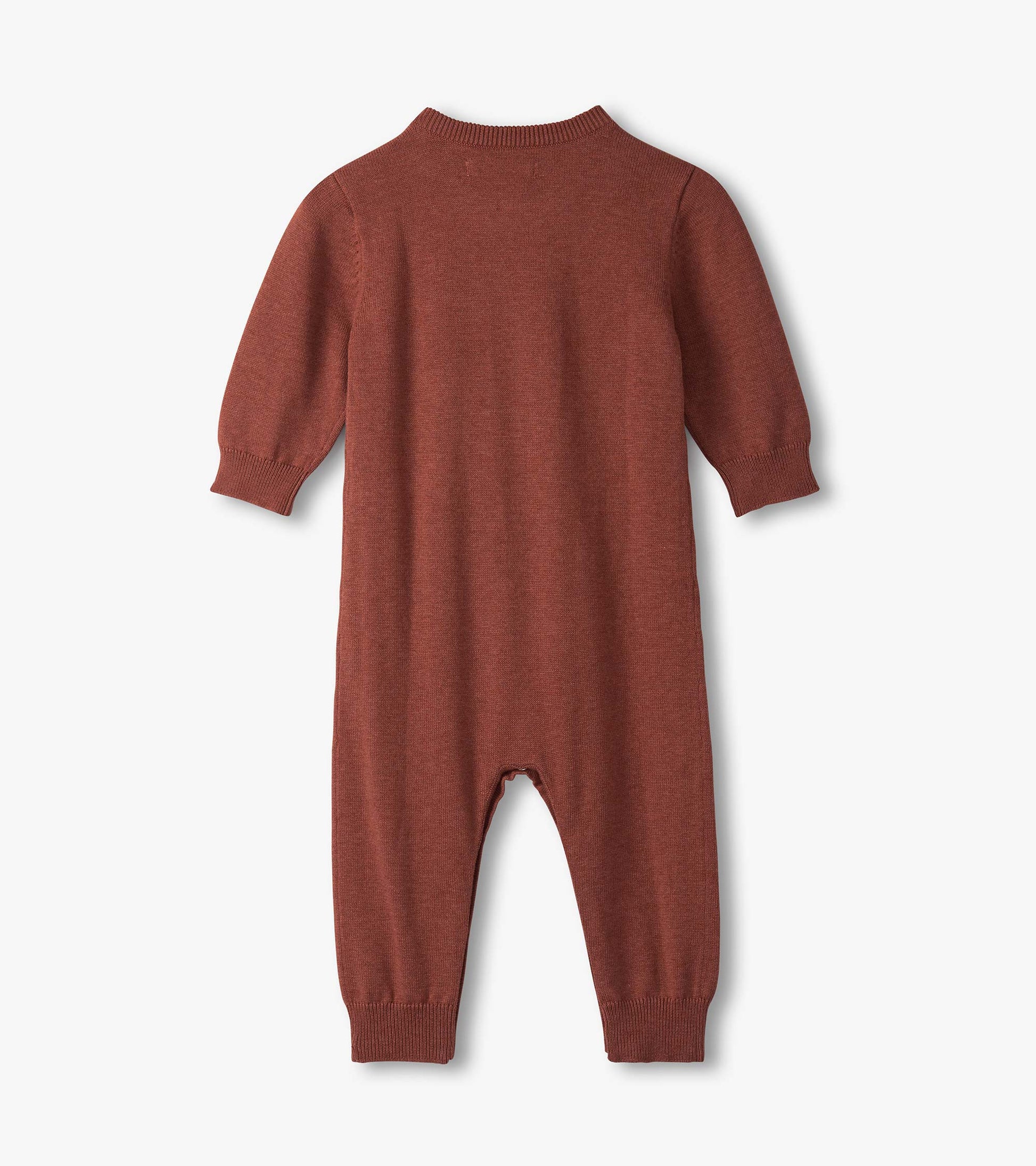 Rust-colored knit romper with short sleeves and a round neckline, designed for baby boys.
