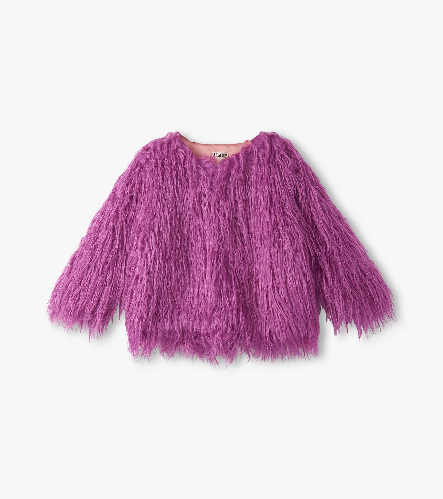 Radiant orchid faux fur topper with a fluffy texture and loose fit, featuring a round neckline and long sleeves.