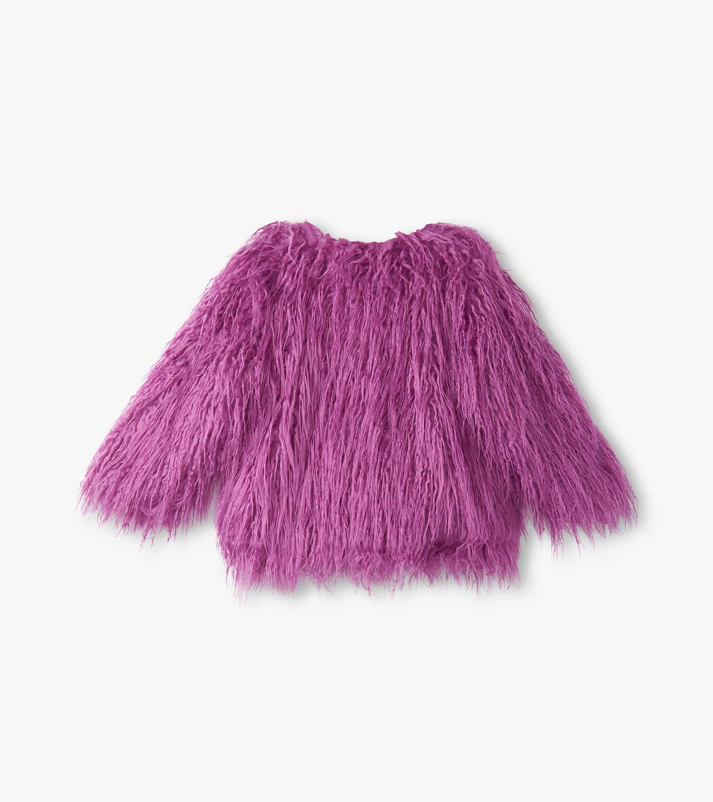 Radiant orchid faux fur topper with long sleeves and a soft, shaggy texture.