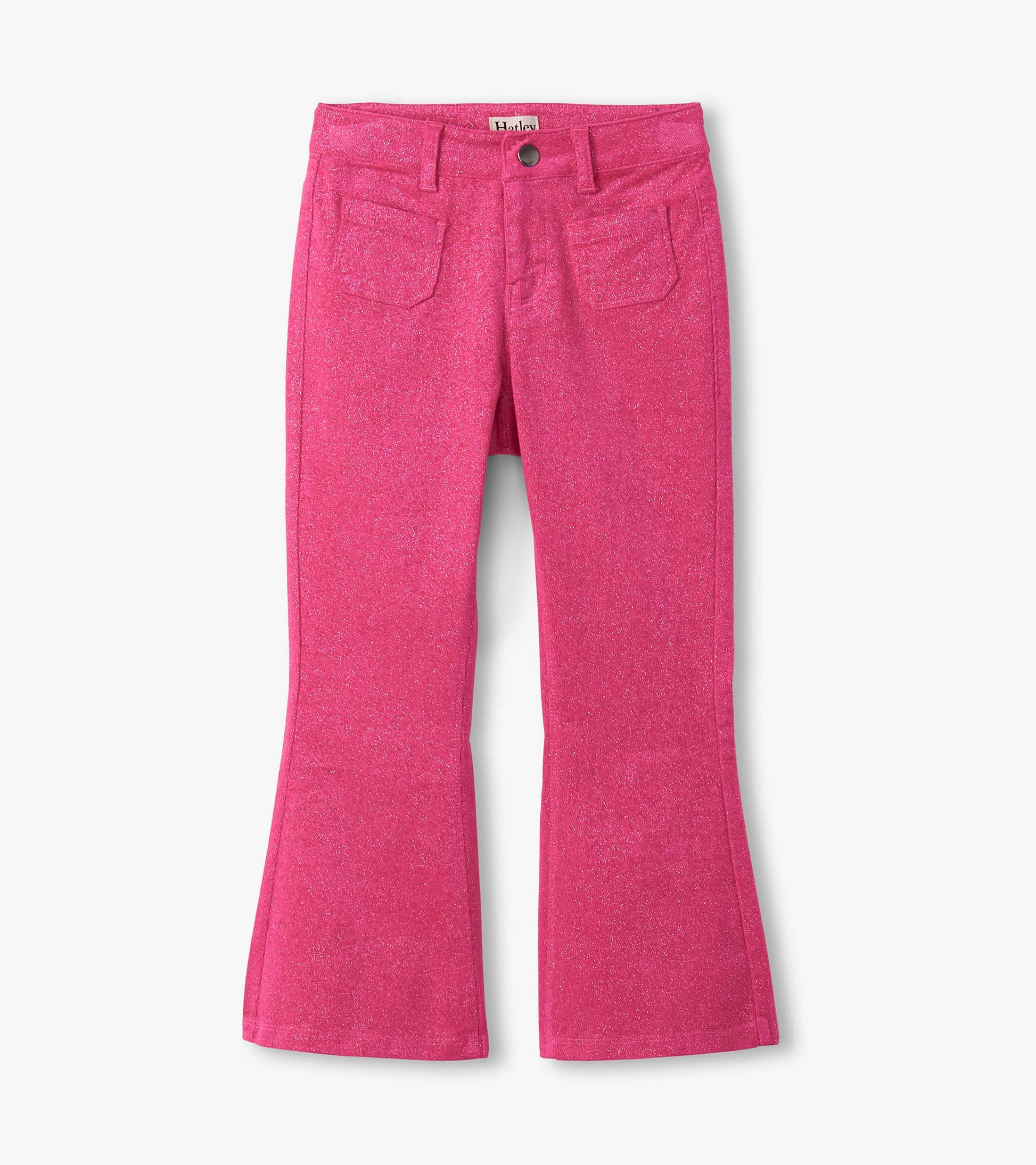Flared pants in raspberry pink with a sparkly finish, featuring patch pockets and a fitted waist.