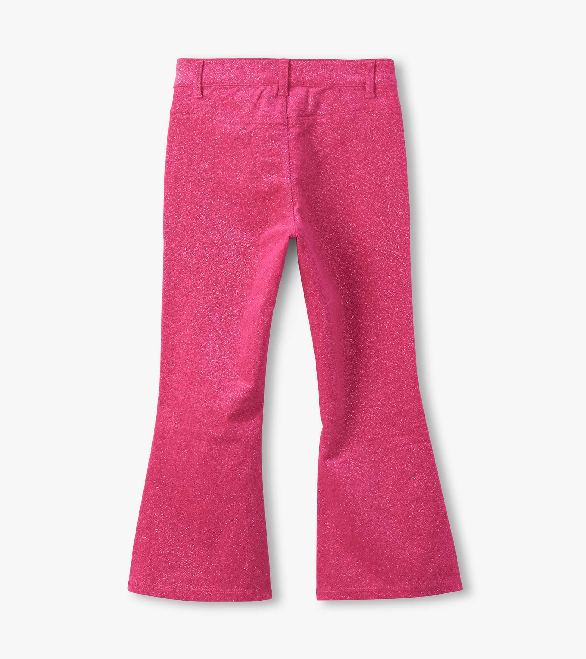 Flared pants in bright raspberry pink with a sparkly finish and patch pockets, displayed from the back.
