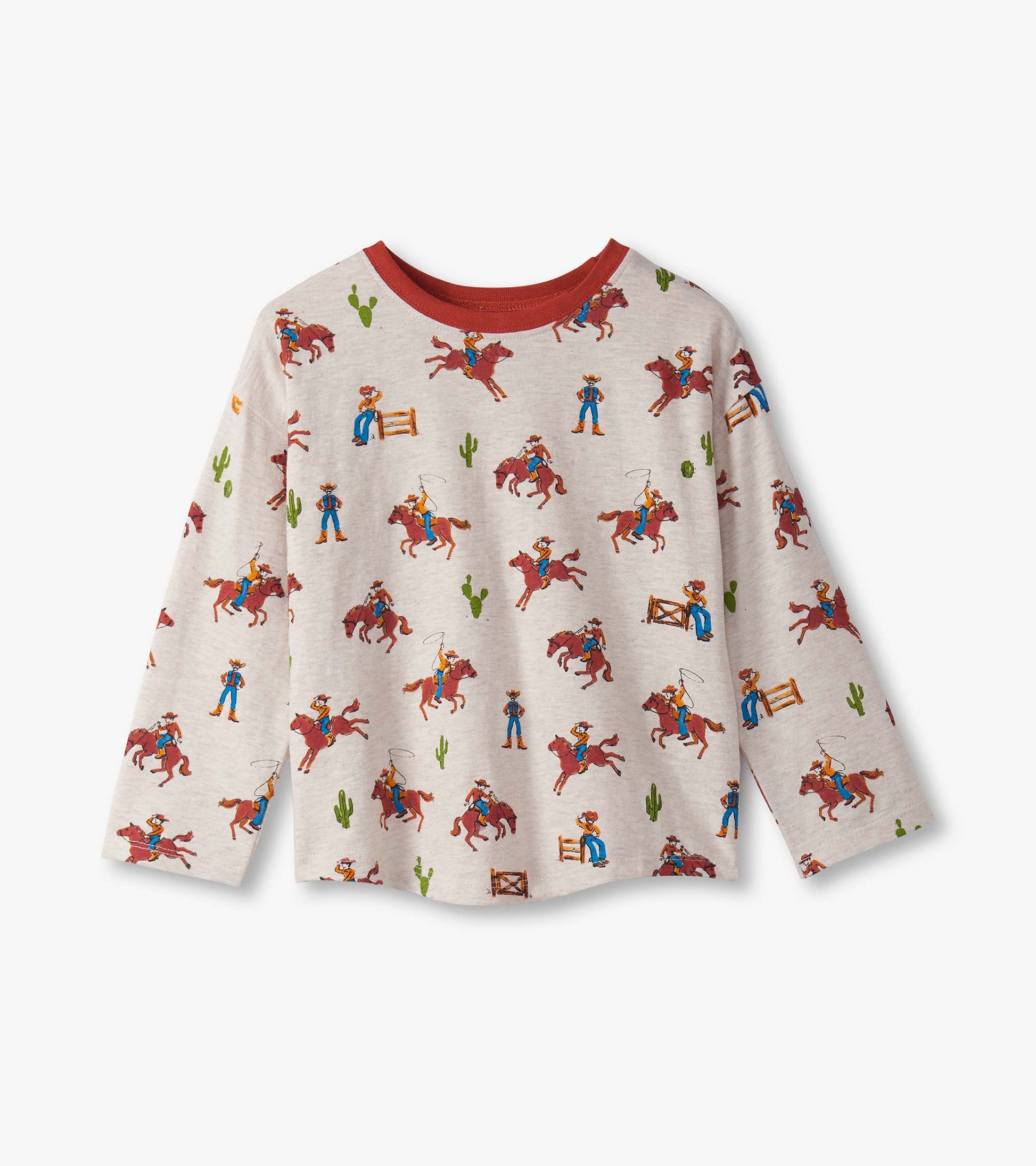 Light gray long-sleeve top featuring colorful cowboy and horse graphics, with a red crew neckline.