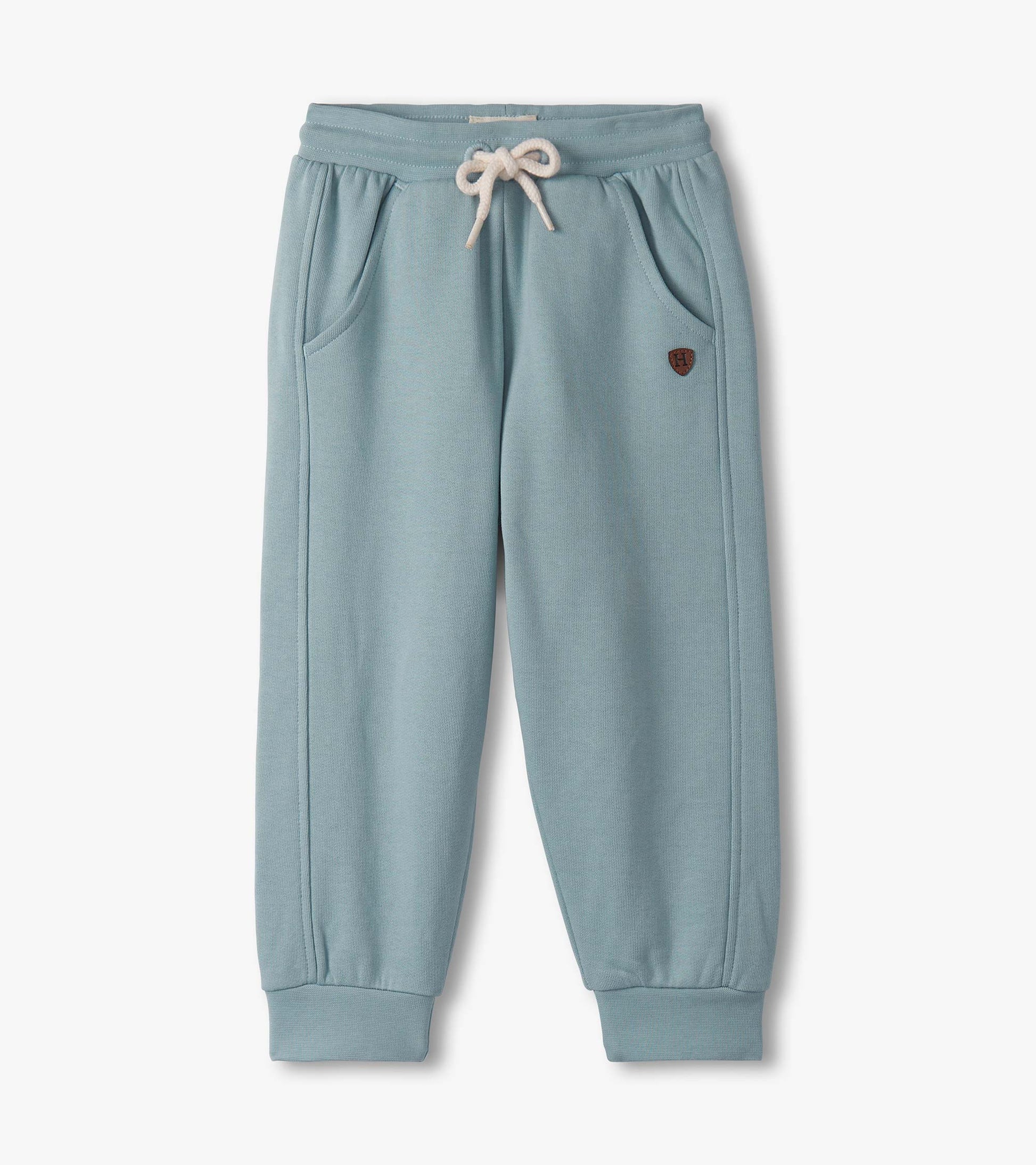 Light blue lounge pants for baby and toddler boys with elastic waistband, drawstring, and side pockets.
