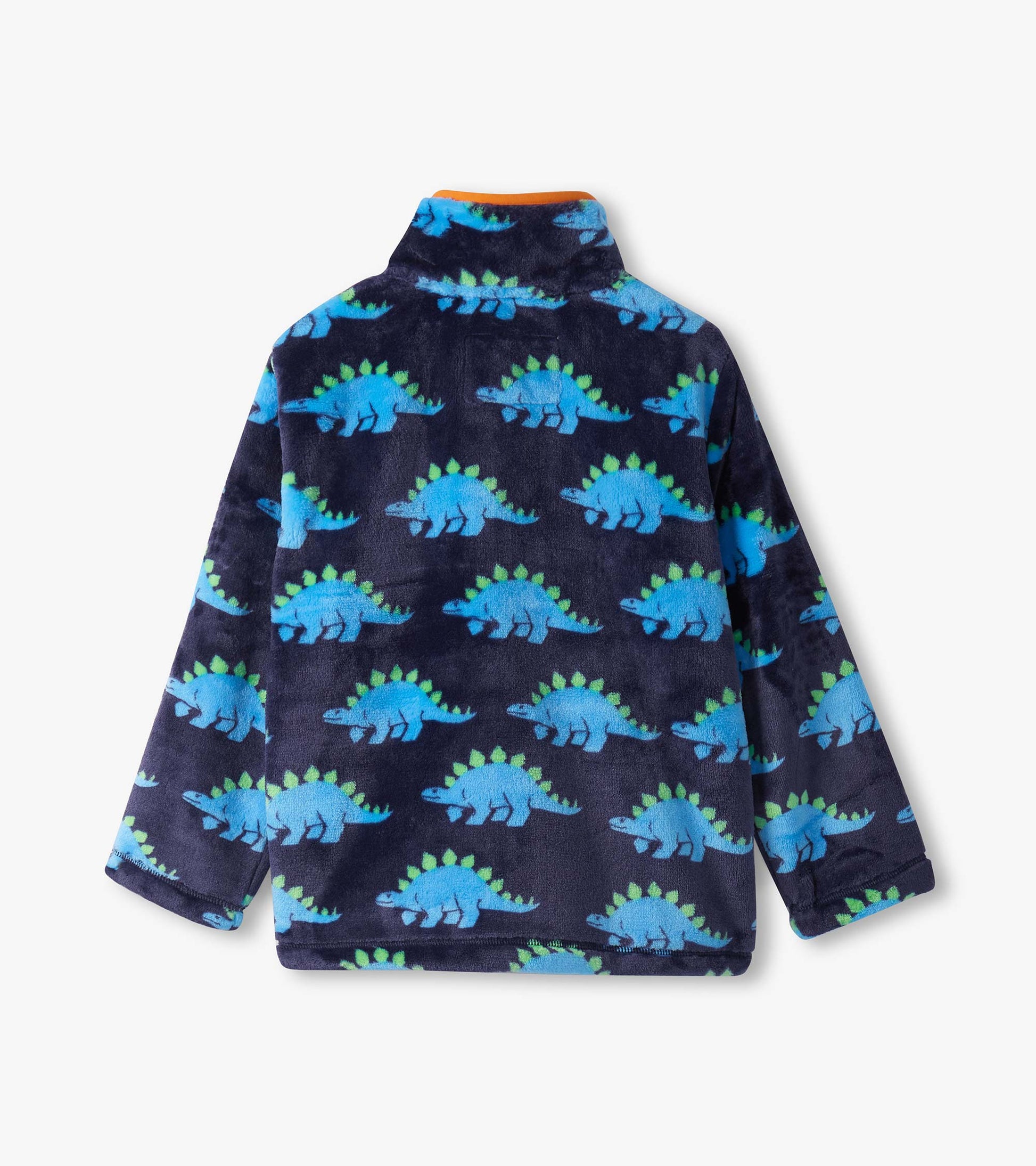Navy fleece zip-up jacket featuring colorful blue stegosaurus patterns and a high collar.