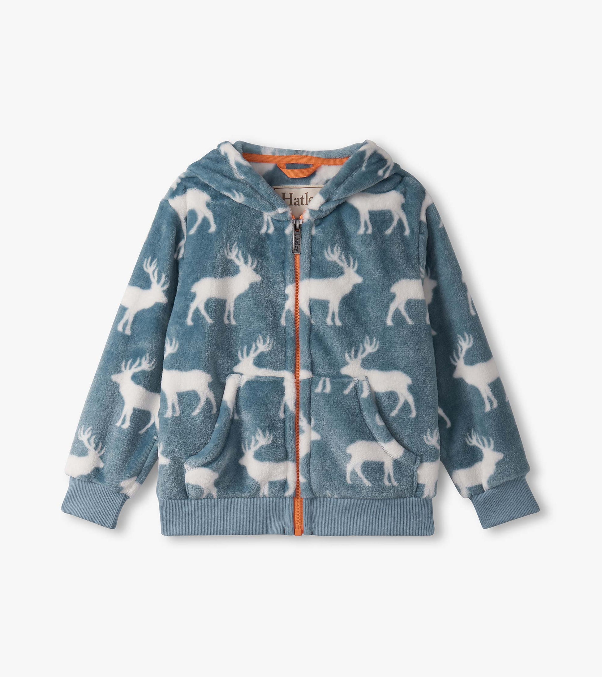 Fuzzy fleece zip-up hoodie in blue with white elk pattern, featuring a hood and front pockets.