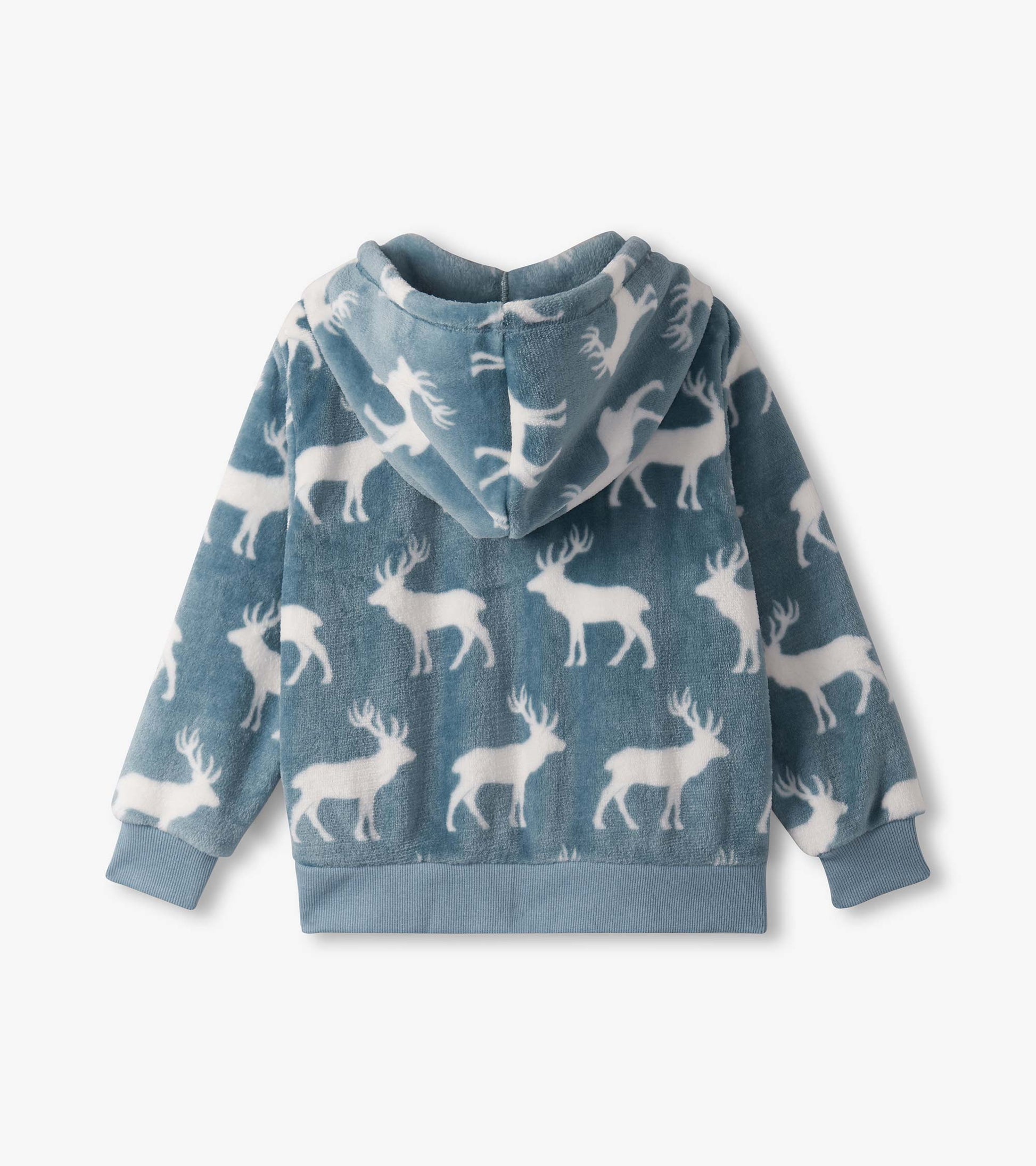 Fuzzy fleece zip-up hoodie in blue with white elk pattern, featuring a hood and ribbed cuffs.