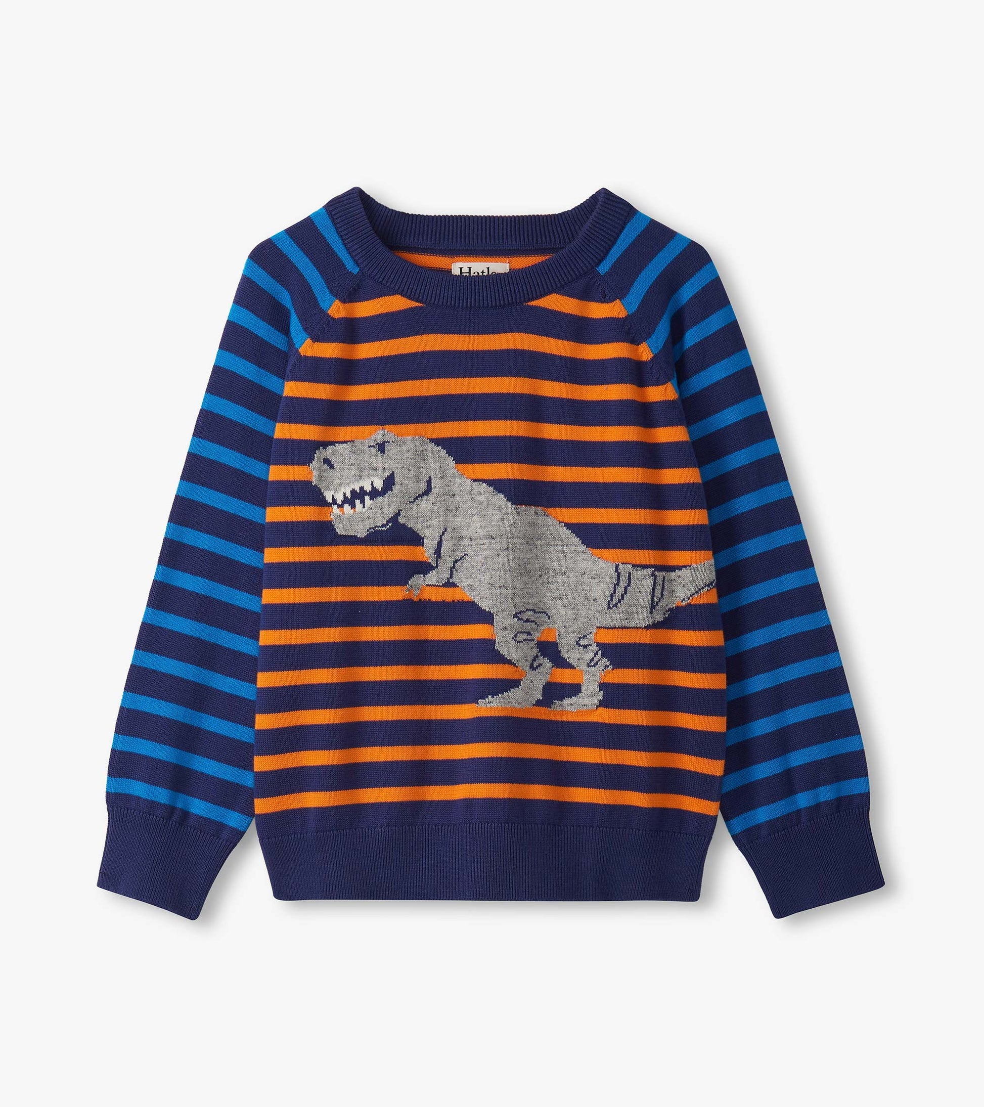 Striped raglan sweater featuring a gray dinosaur graphic on orange and blue stripes, with a ribbed neckline and cuffs.