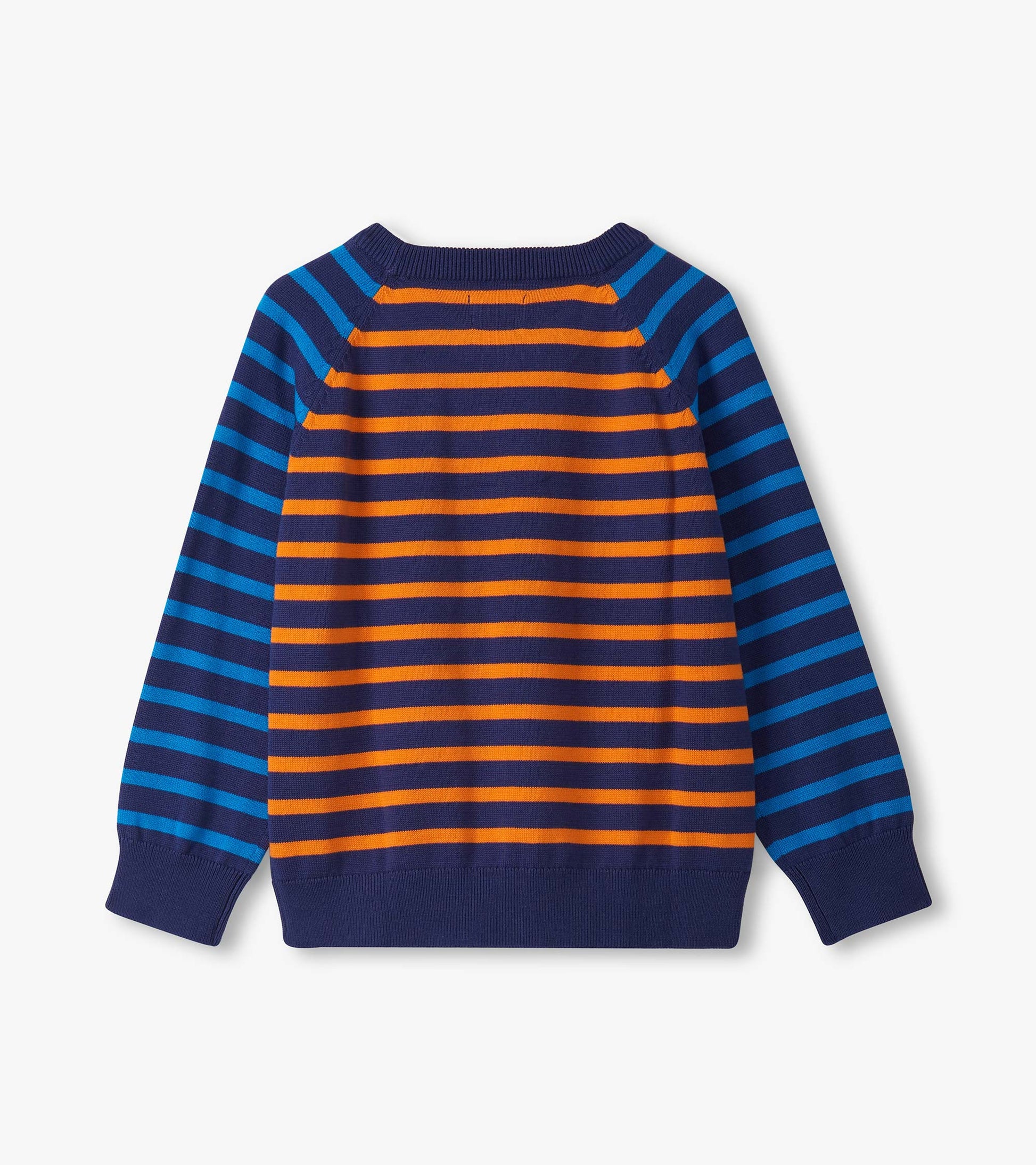 Navy sweater with orange and blue horizontal stripes, featuring a crew neck and long raglan sleeves.