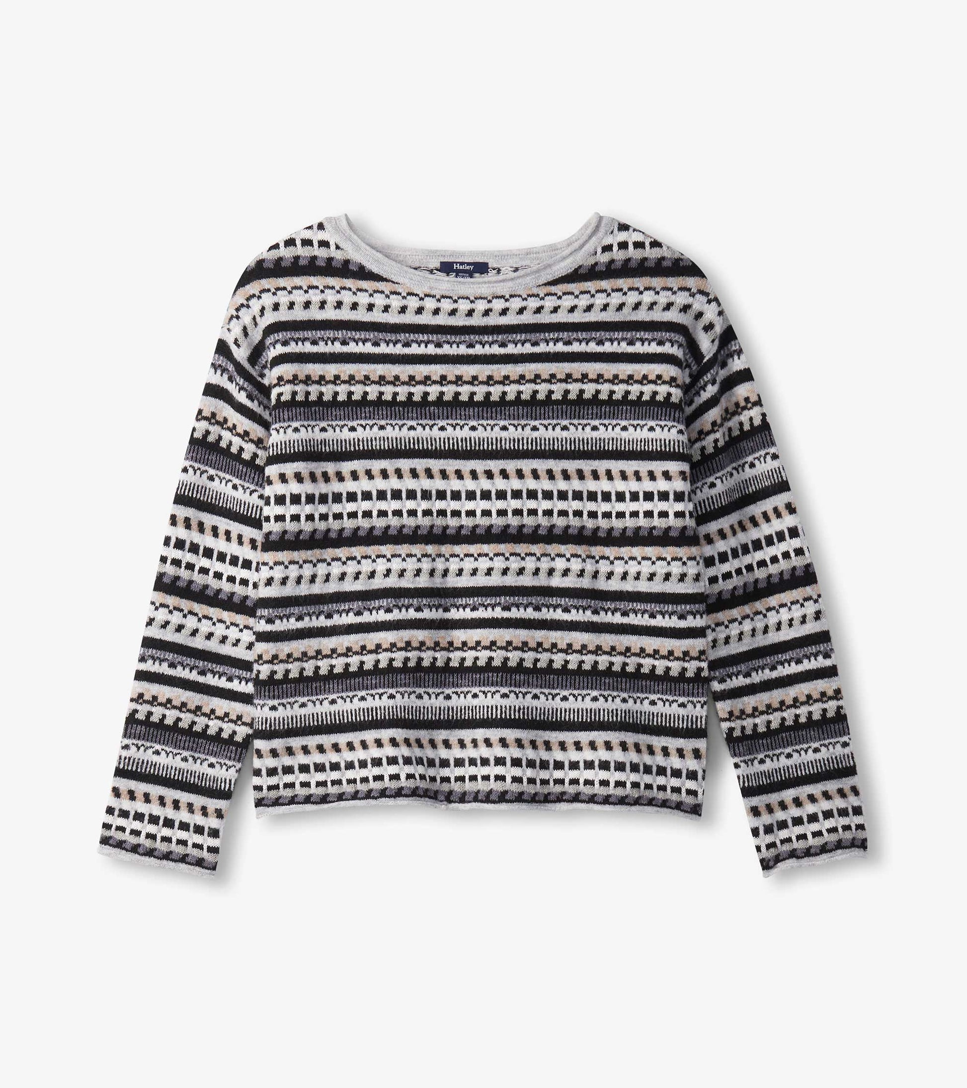 Stone grey sweater featuring a striped pattern in black and cream, with long sleeves and a round neckline.