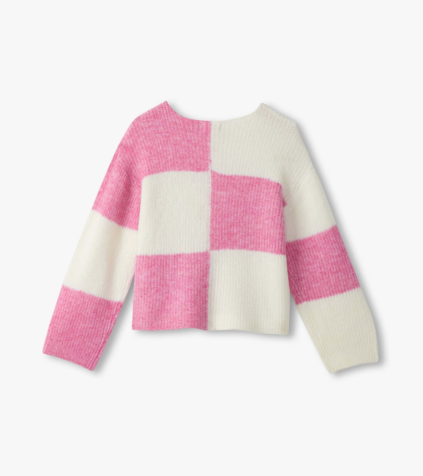 Pink and white check drop shoulder sweater with a cozy knit texture and a relaxed fit.