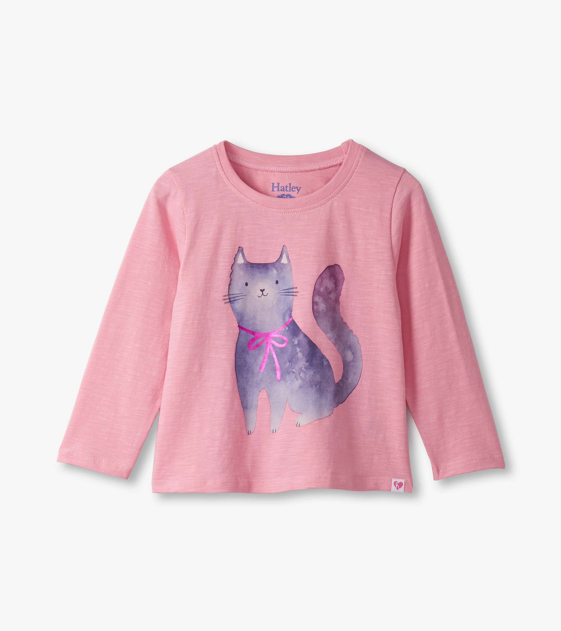 Pink long-sleeve t-shirt featuring a purple kitty graphic with a pink bow, suitable for baby and toddler girls.