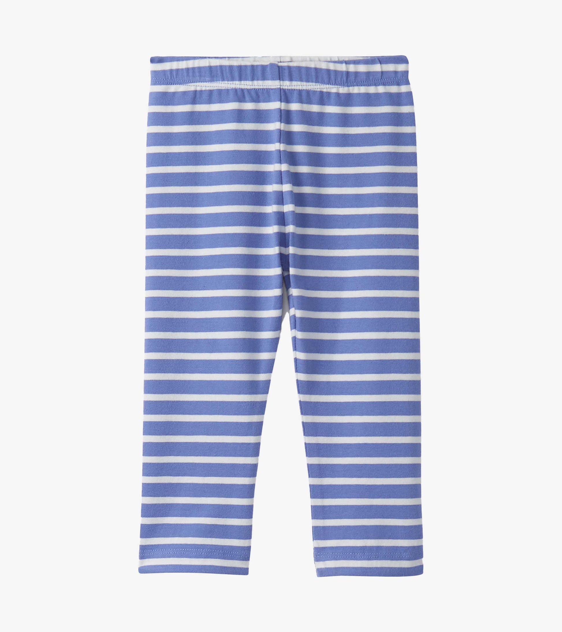 Light blue leggings with white horizontal stripes, featuring an elastic waistband for comfort.