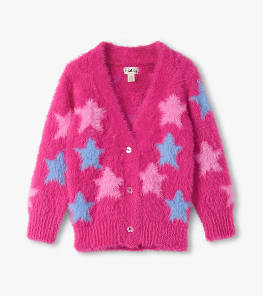 Fuzzy pink cardigan featuring colorful star patterns in blue and light pink, with a button front and long sleeves.