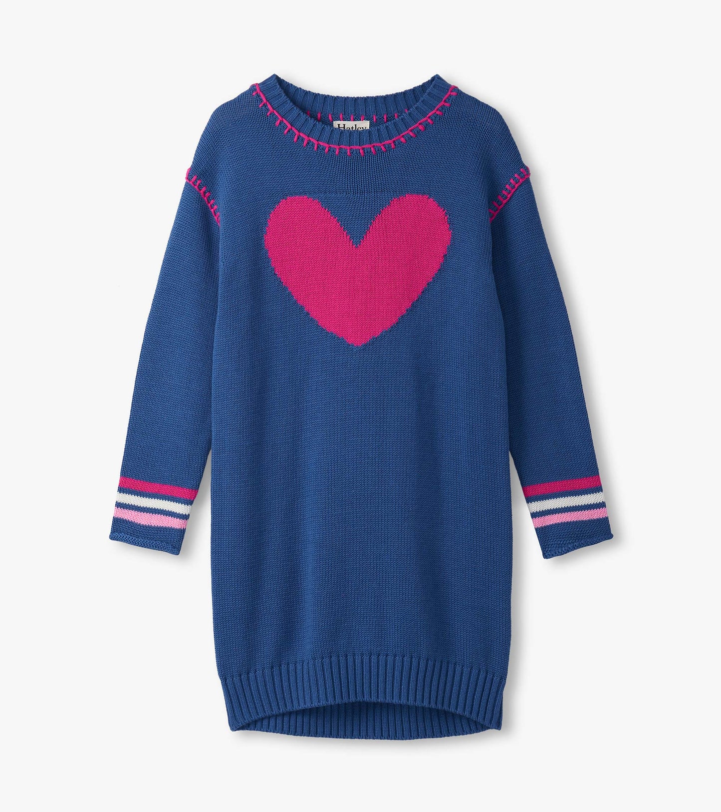 Blue drop shoulder sweater dress featuring a large pink heart and striped accents on the sleeves.