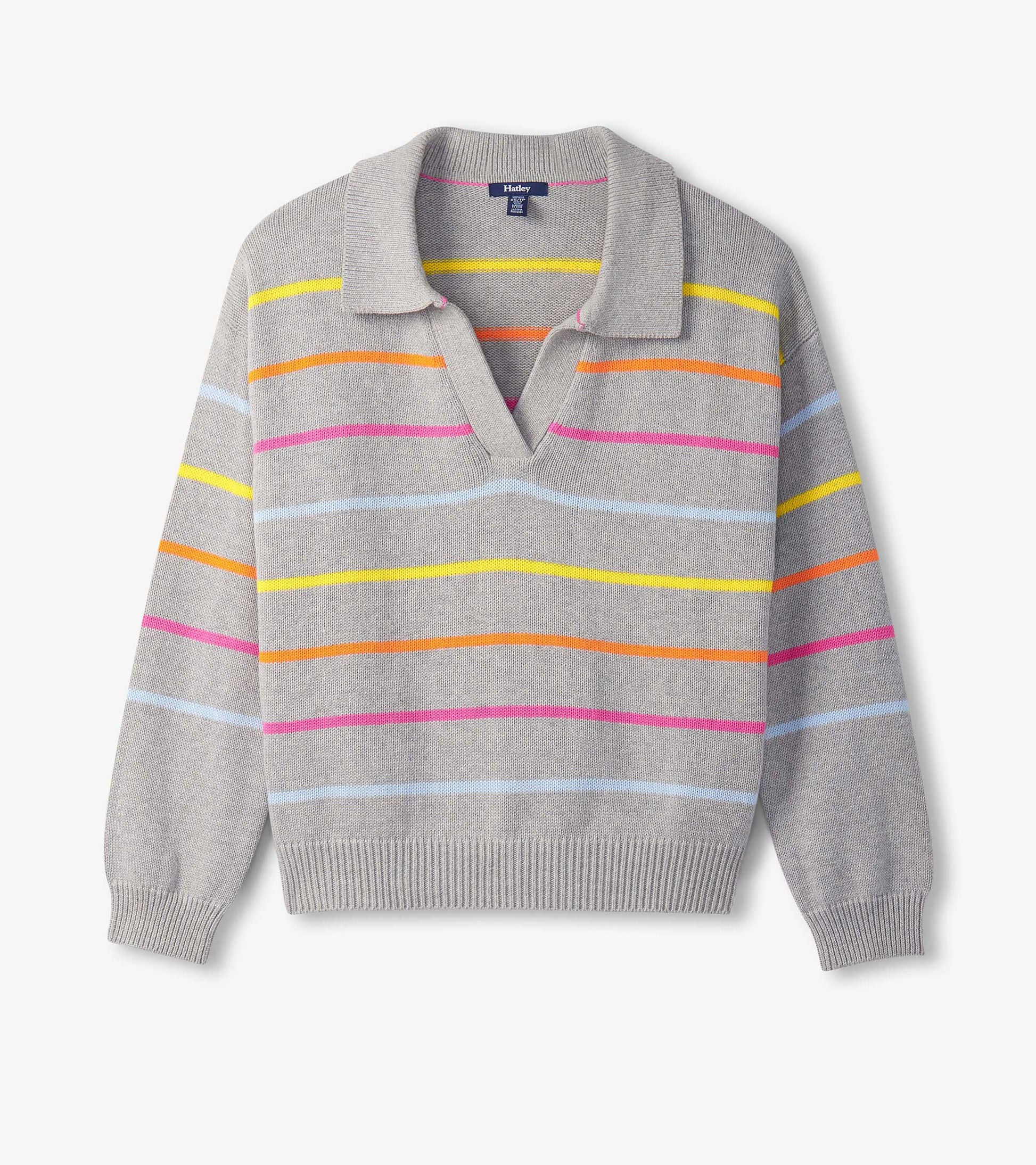 Gray sweater with a V-neck and colorful horizontal stripes in pink, yellow, orange, and blue.