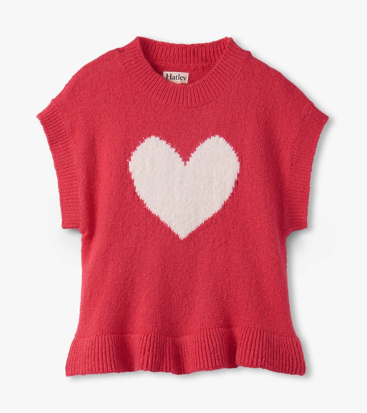Red sweater vest featuring a white heart design, short sleeves, and a ribbed hem. Ideal for casual wear.