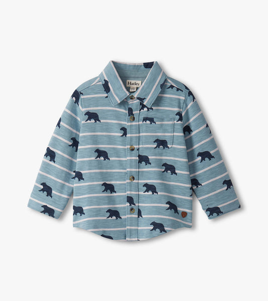 Light blue button-down shirt featuring navy bear silhouettes and horizontal stripes, suitable for baby and toddler boys.