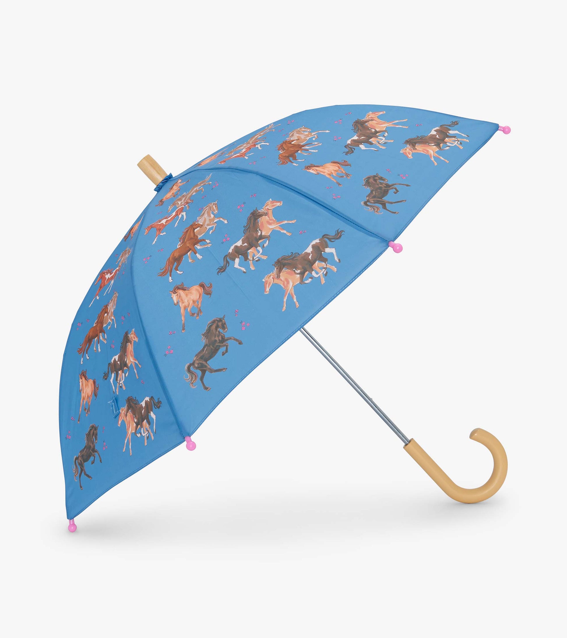 Blue umbrella featuring colorful horse illustrations and pink accents, designed for kids.