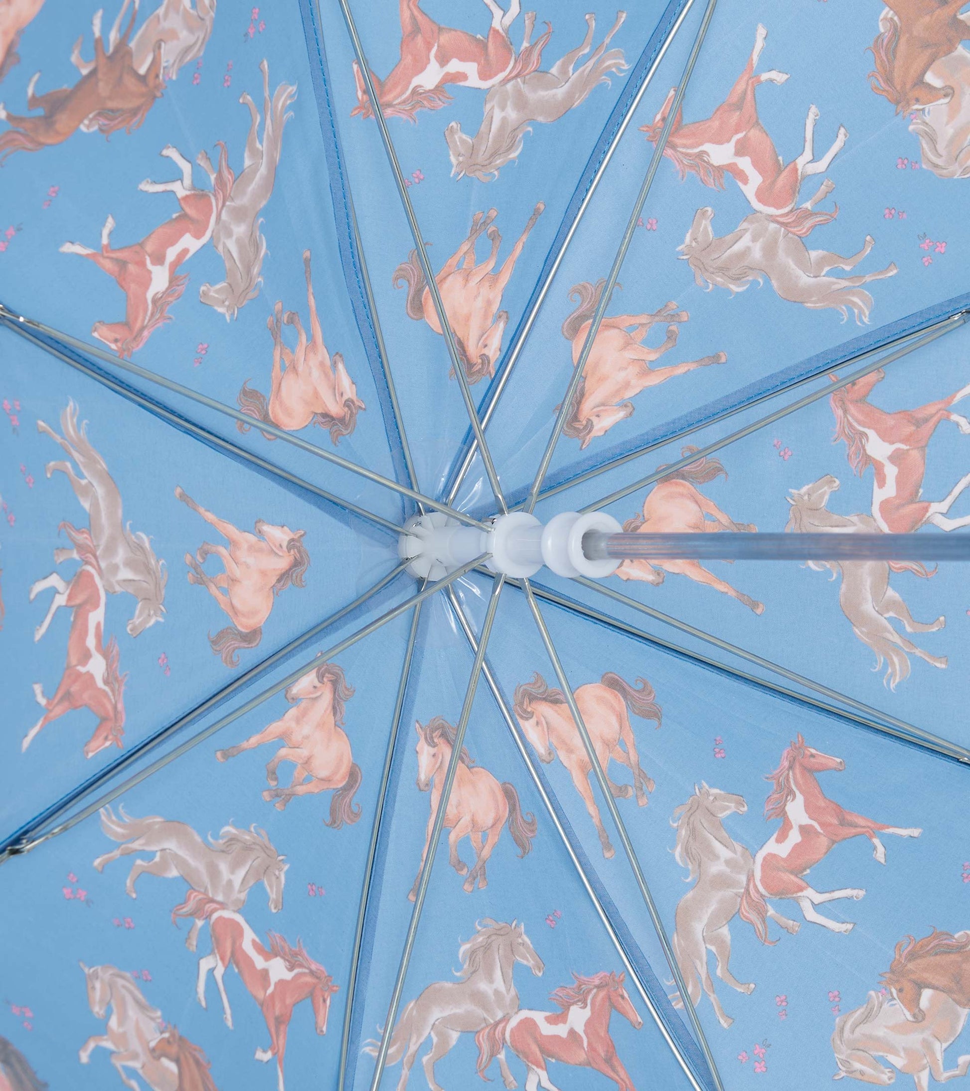 Blue umbrella featuring a playful pattern of galloping horses and pink flowers on the canopy.