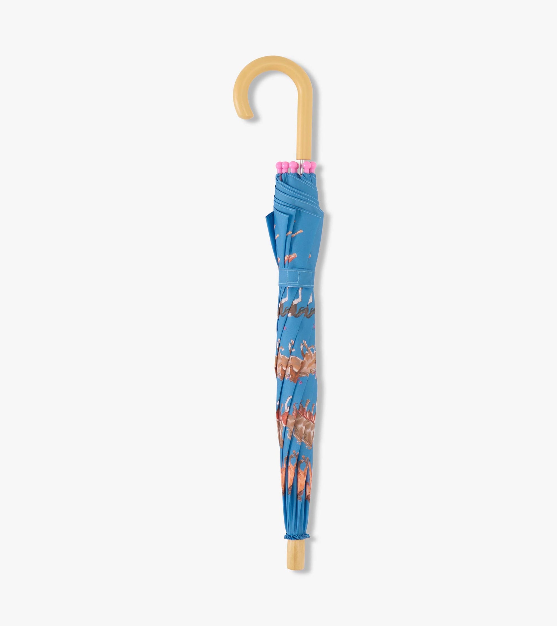 Blue umbrella featuring a horse pattern, with a curved wooden handle and pink accents.