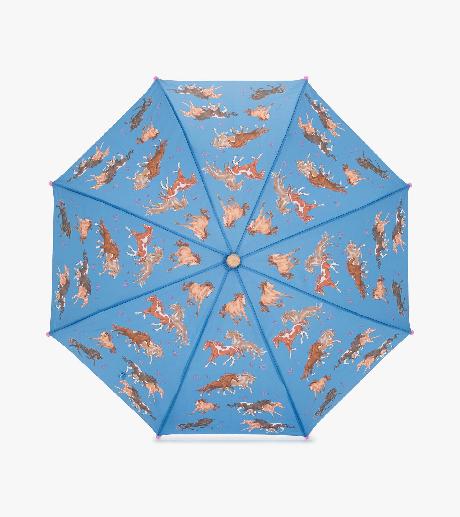 Blue umbrella featuring a playful pattern of galloping horses and flowers.