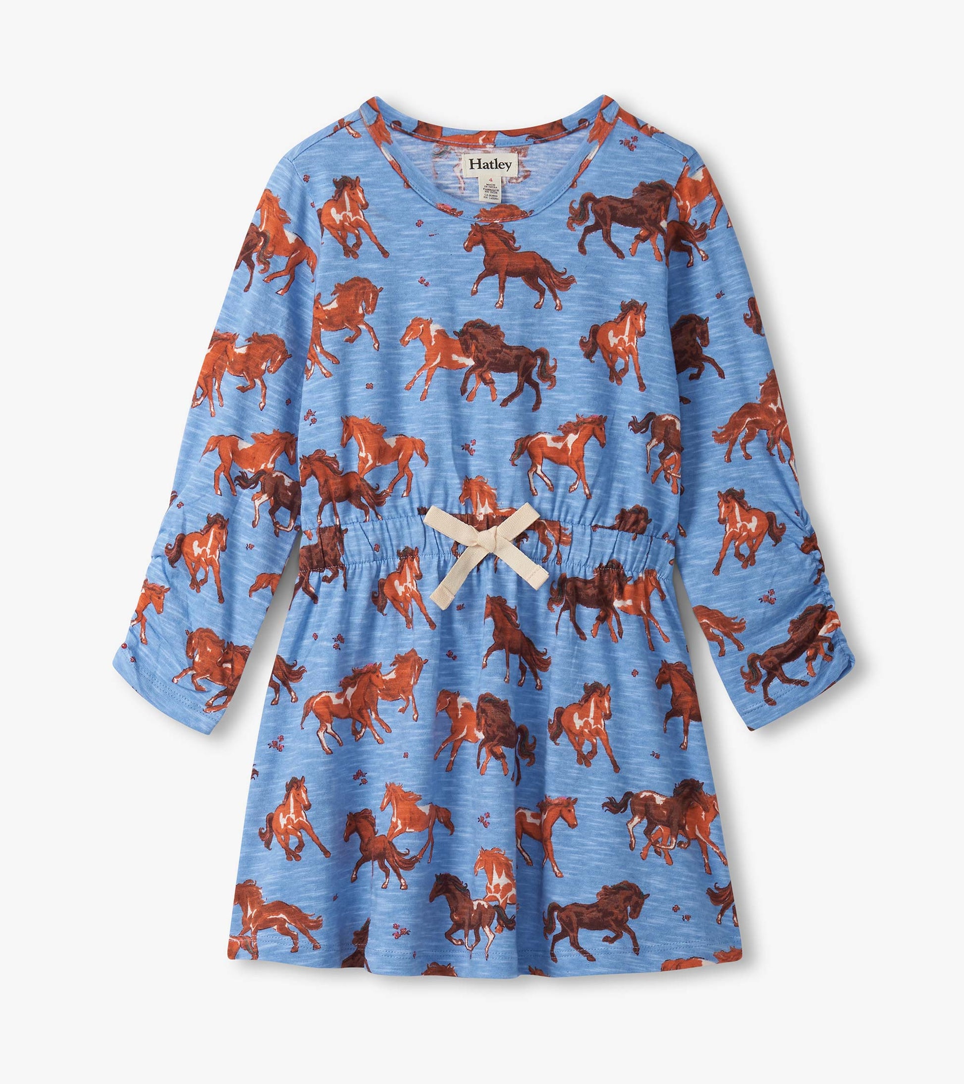 Blue dress featuring a playful horse print, cinched waist, and long sleeves.