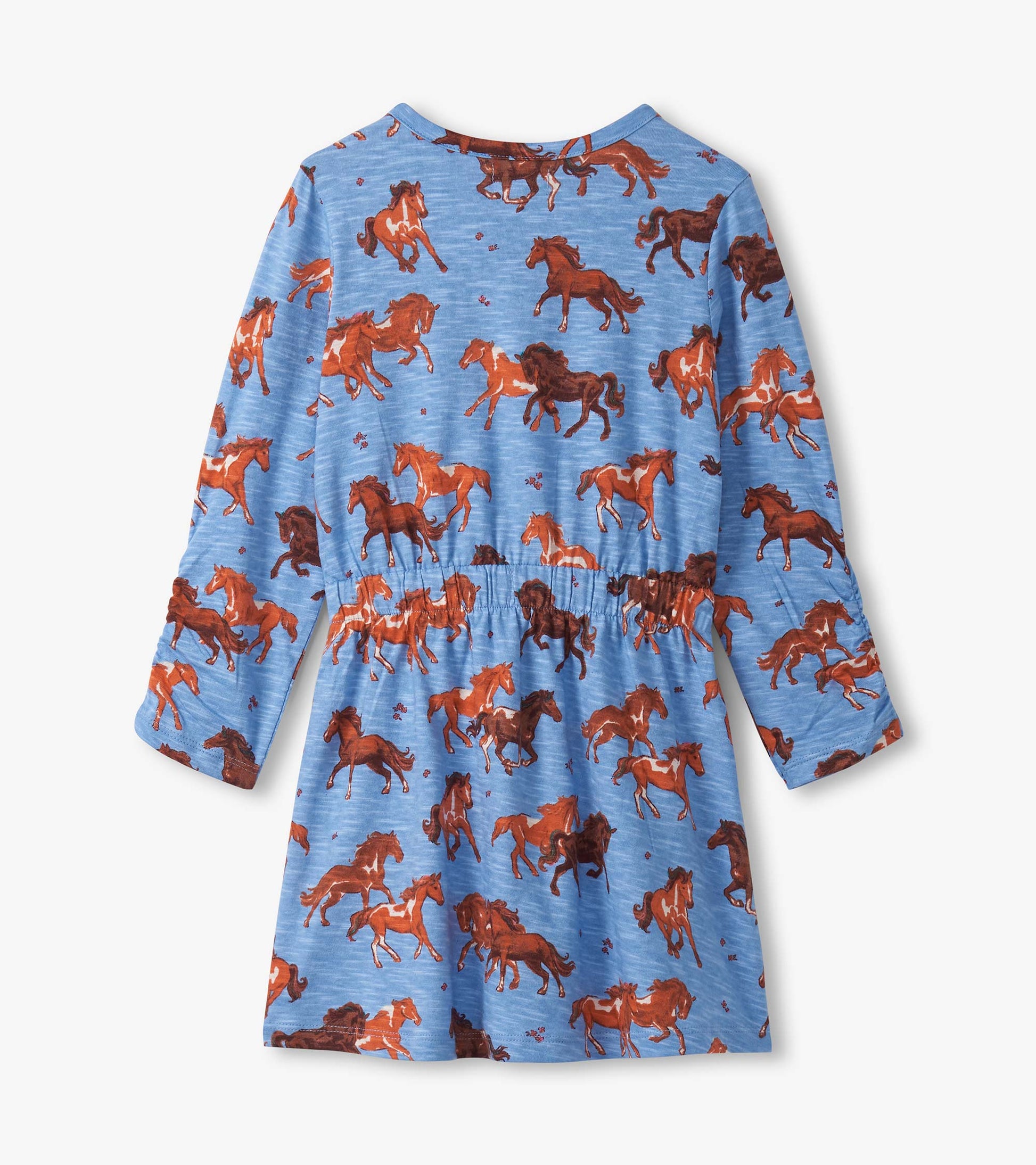 Blue dress featuring a cinched waist and a playful horse print, with long sleeves and a flared skirt.