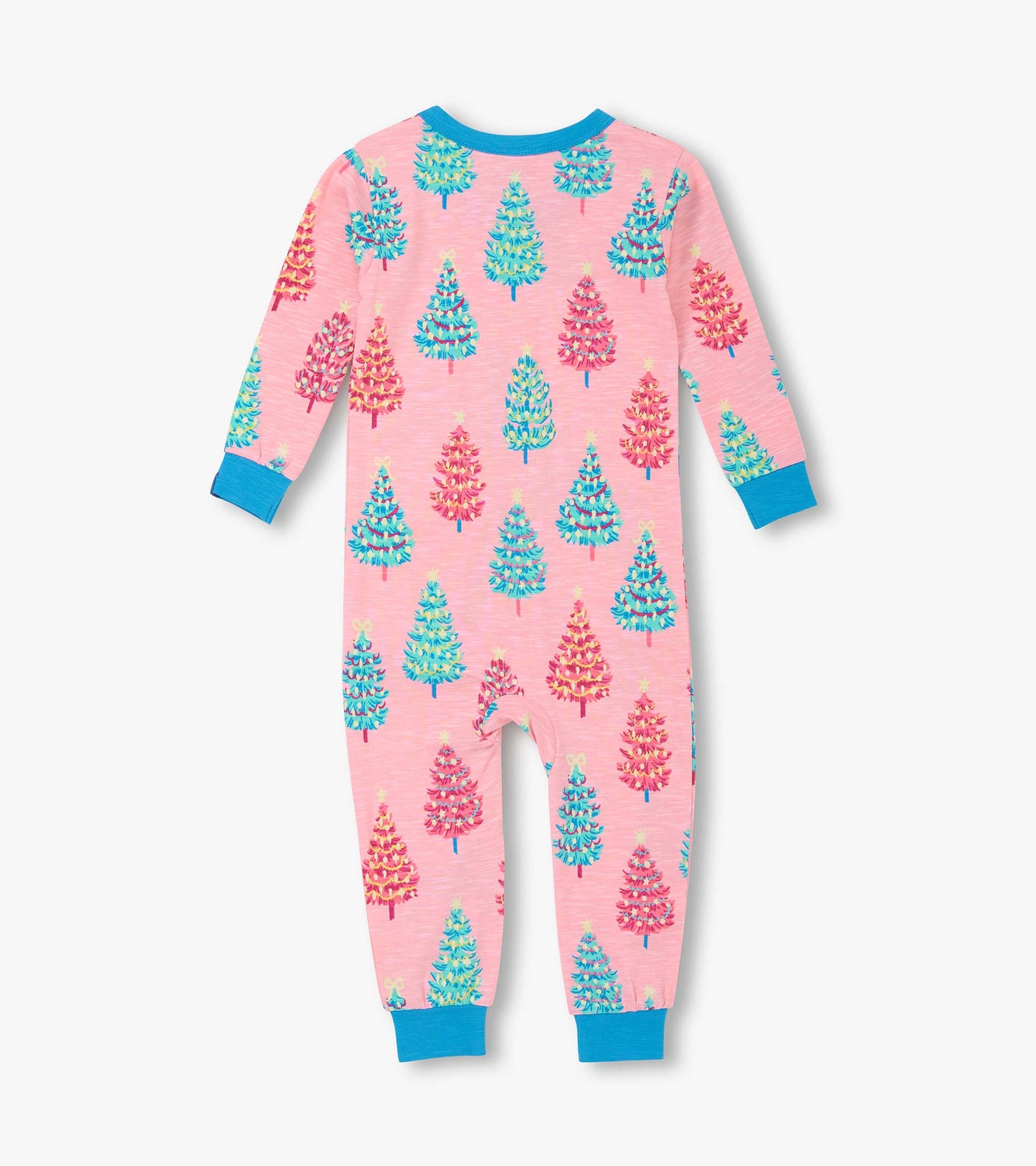 Pink cotton sleeper featuring colorful bottle brush trees, long sleeves, and blue cuffs.