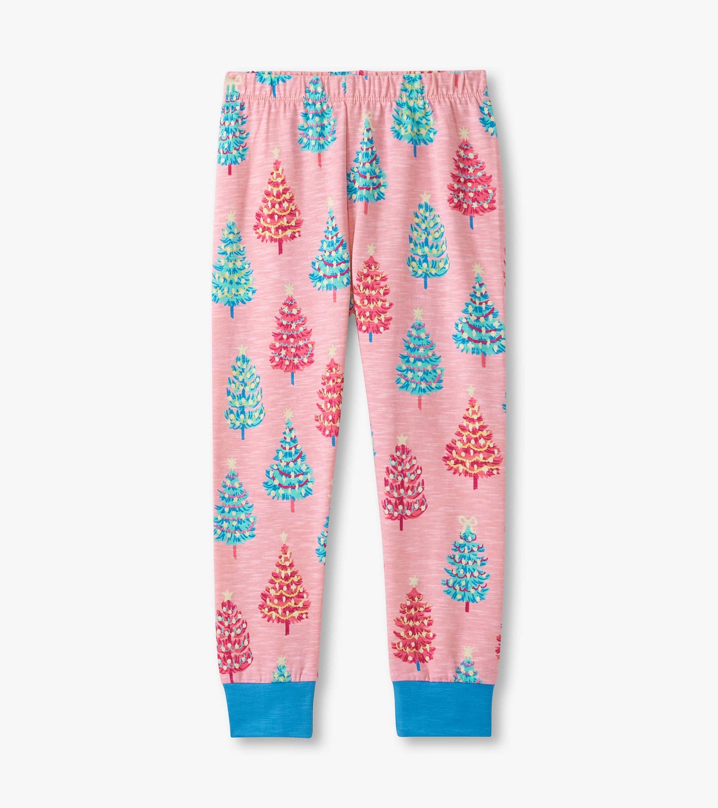 Pink pajama pants featuring colorful bottle brush trees and blue cuffs, perfect for cozy sleepwear.