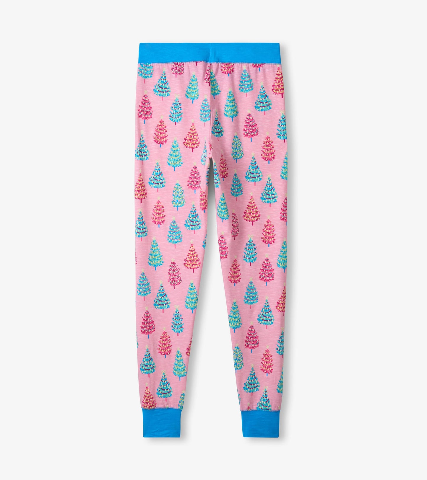 Pink cotton pajama pants featuring colorful bottle brush tree patterns and a blue waistband.