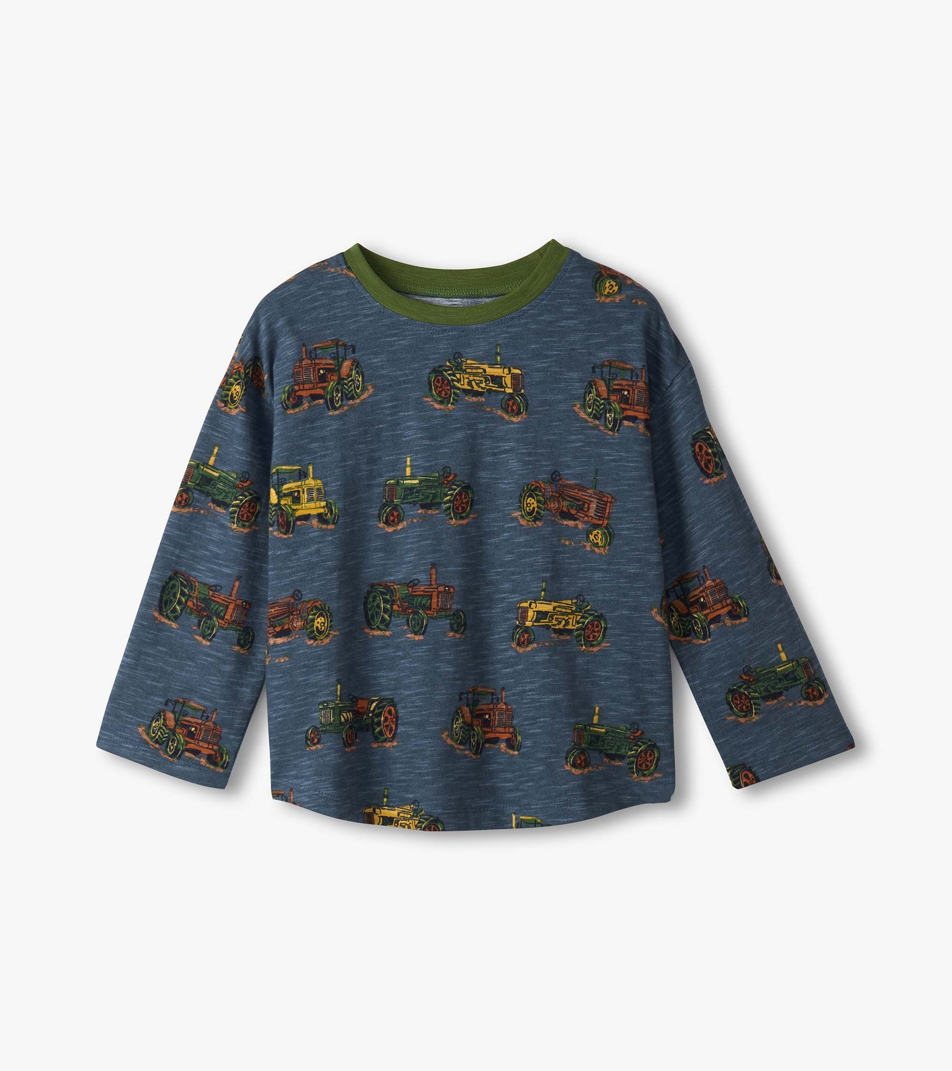 Blue long-sleeve top featuring colorful tractor graphics, perfect for baby and toddler boys.