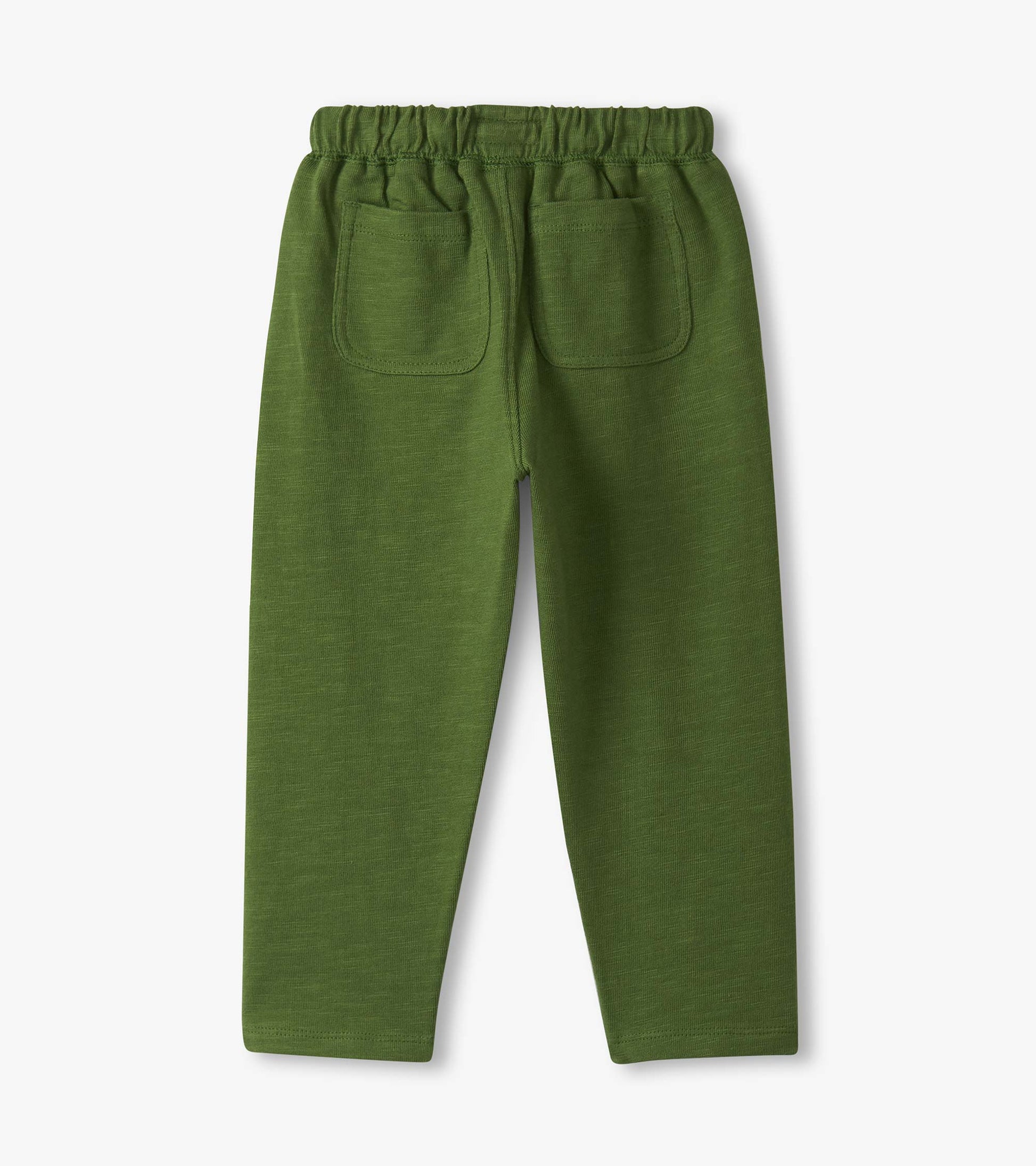 Green lounge pants for baby and toddler boys, featuring an elastic waistband and two back pockets.