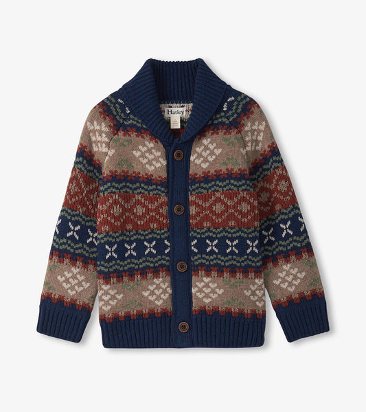 Navy cardigan with Fair Isle pattern in red, green, and beige, featuring a shawl collar and button closure.