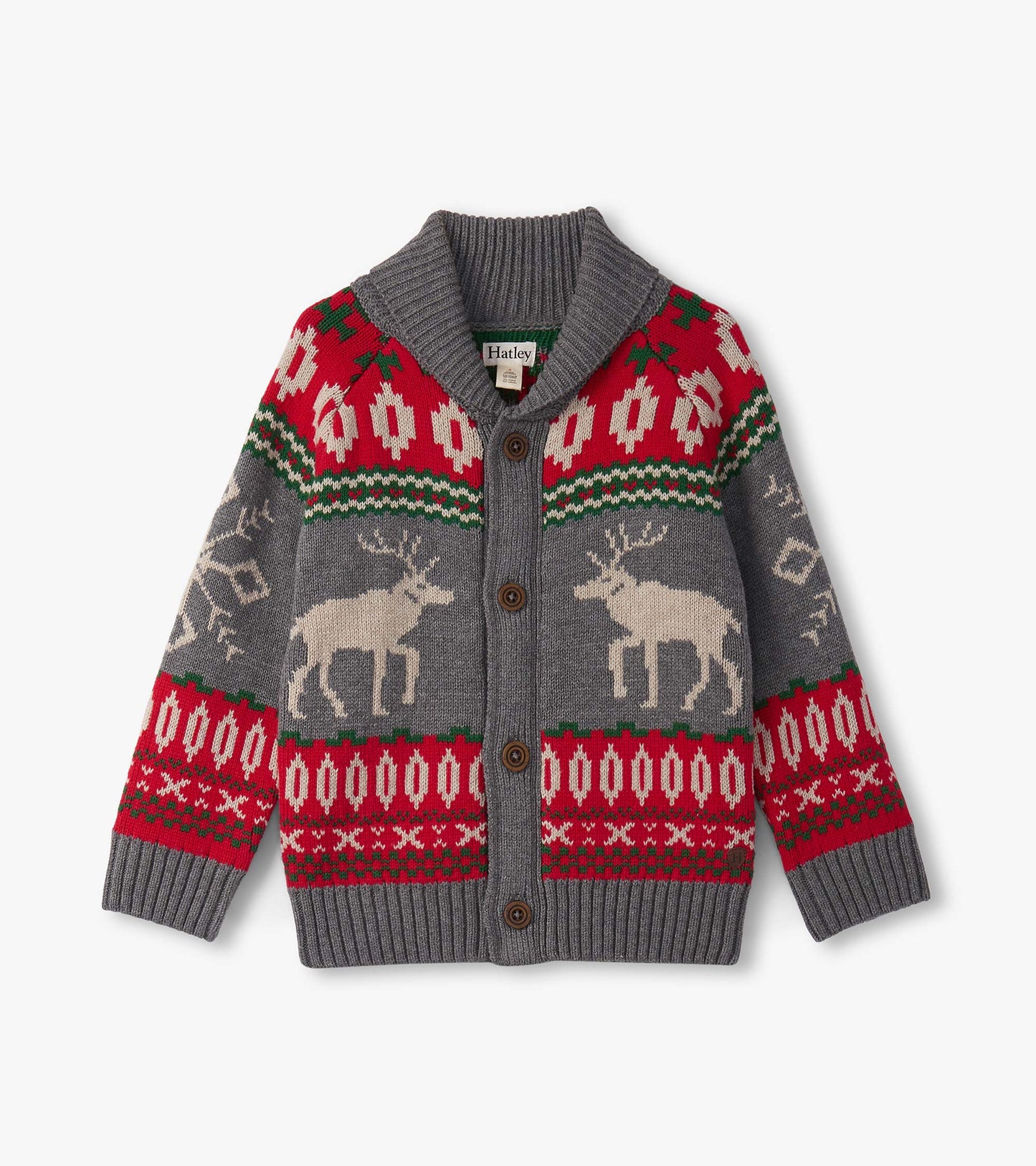 Gray cardigan with elk and snowflake patterns, featuring a shawl collar and button closure.
