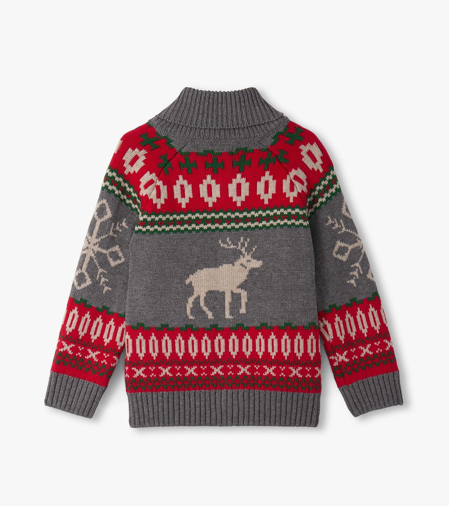 Gray cardigan with a shawl collar, featuring a festive elk design and colorful patterned knit in red and green.