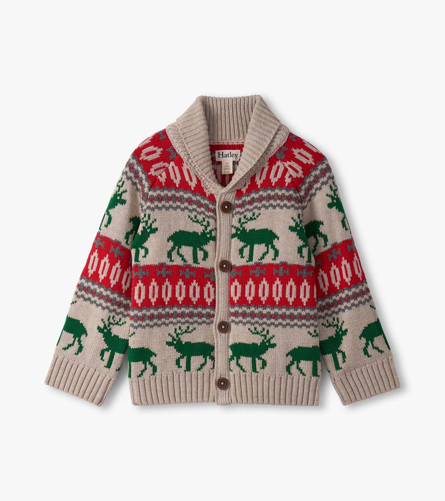Beige cardigan with red and green elk pattern, shawl collar, and button closure, suitable for baby and toddler boys.