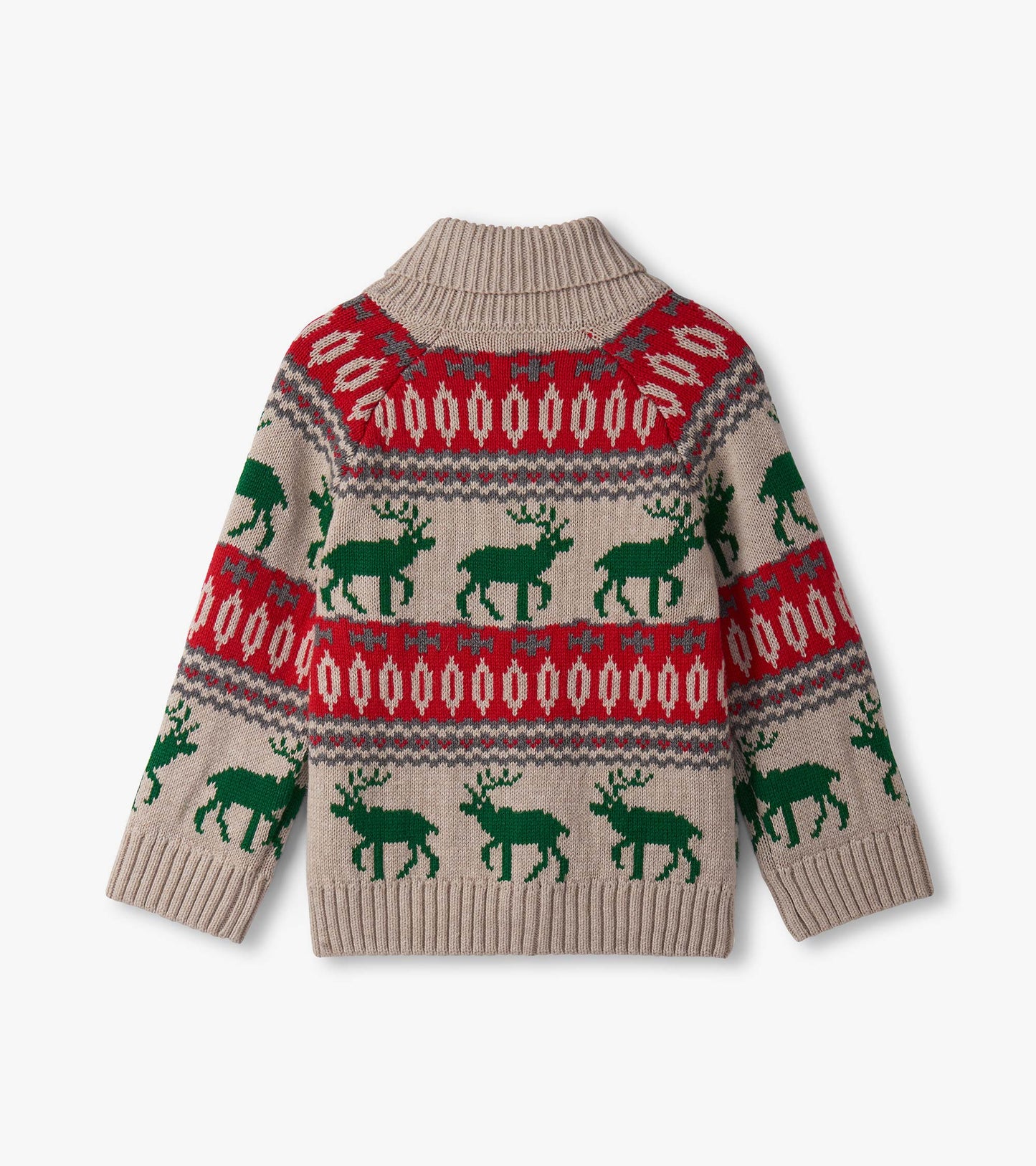 Beige cardigan with red, green, and gray elk pattern, featuring a shawl collar and ribbed cuffs.
