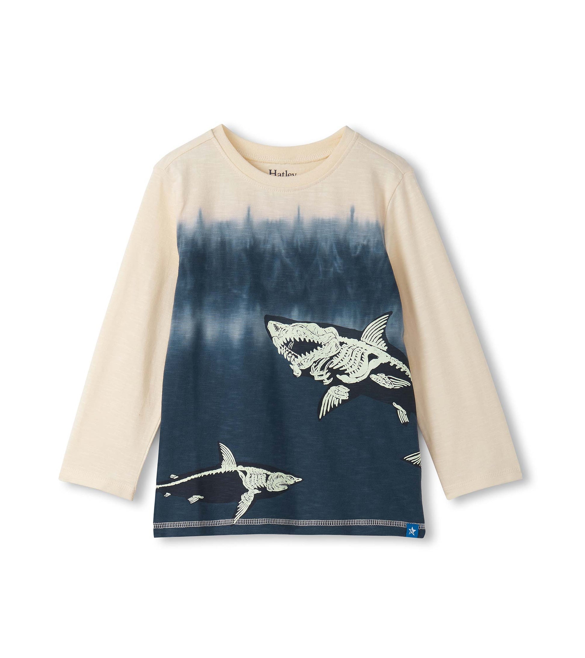 Long sleeve tee featuring a cream and navy gradient with shark bone graphics on the front.