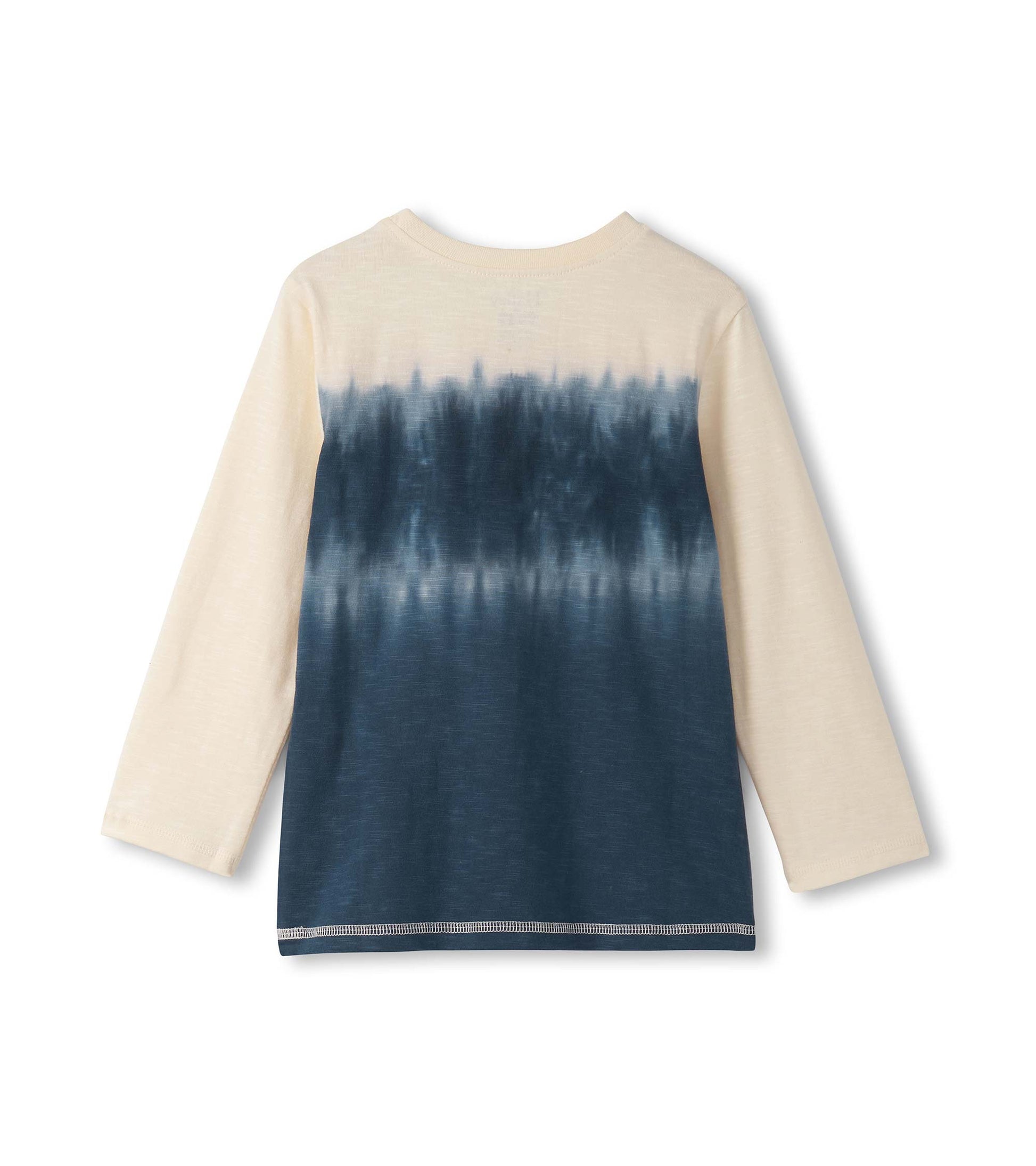 Long sleeve graphic tee featuring a cream and navy blue tie-dye pattern, suitable for boys.