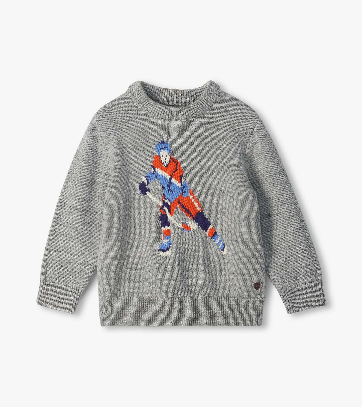 Gray crew neck sweater with ribbed trim and a large hockey player graphic on the front