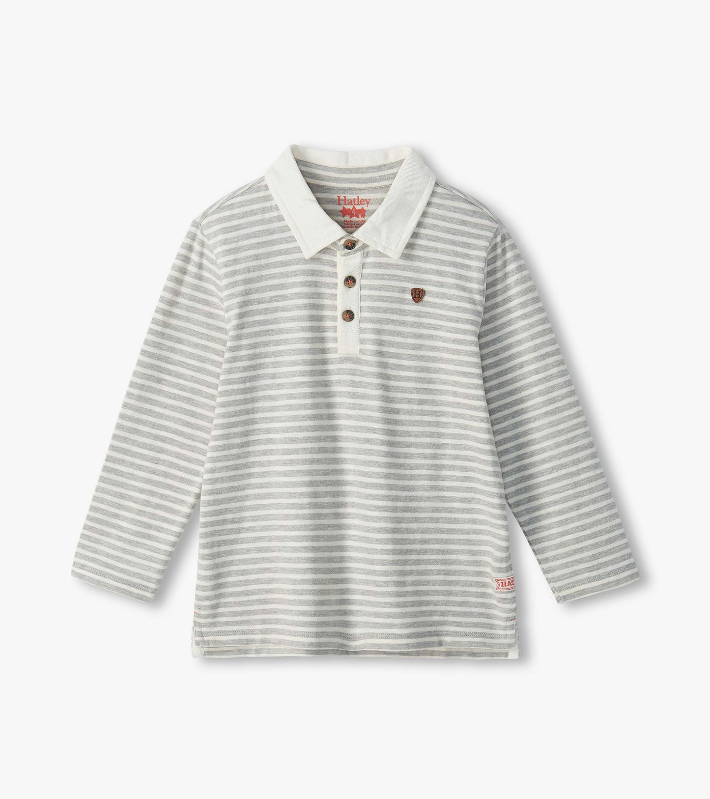 Kids rugby shirt in white and grey stripes with long sleeves, white collar, and three-button placket