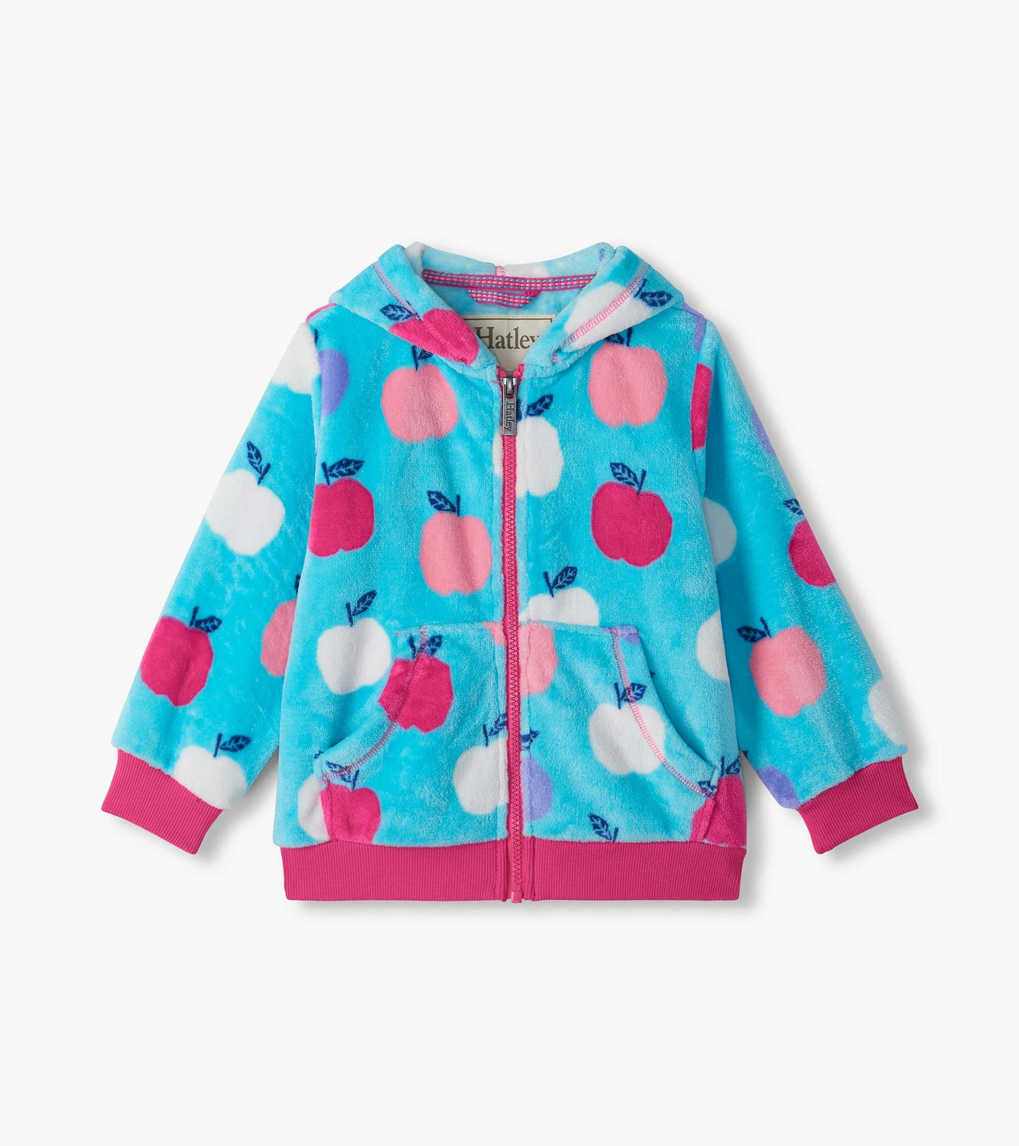 Kids zip-up hoodie with hood, blue apple print, pink zipper, kangaroo pockets, and pink cuffs and hem