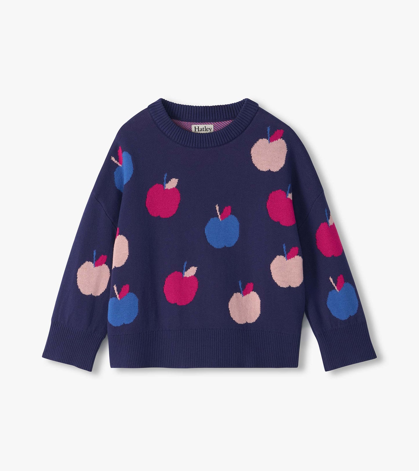 Navy pullover sweater with pink, blue, and light pink apple pattern, crew neck, and long sleeves