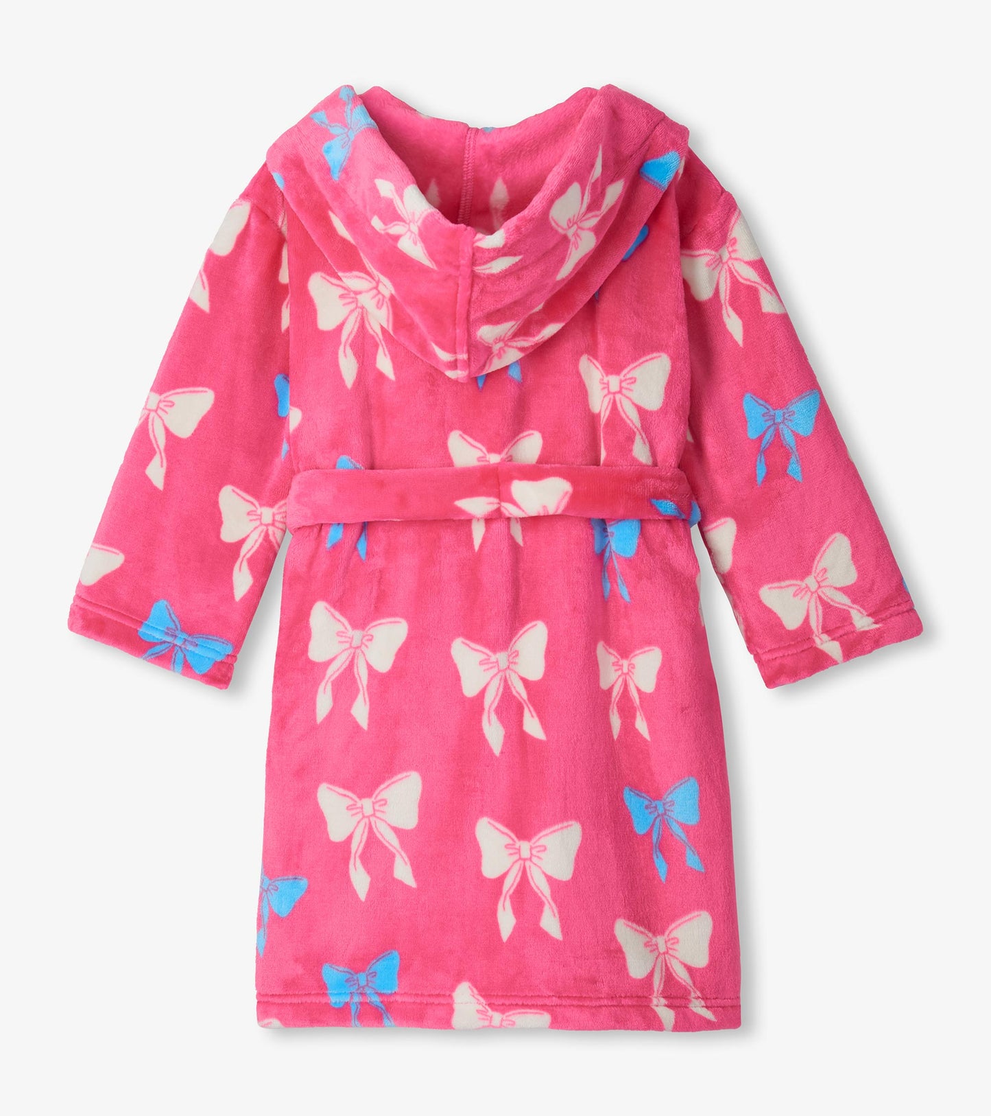 Girls pink hooded robe with white and blue bow print and tie belt, back view