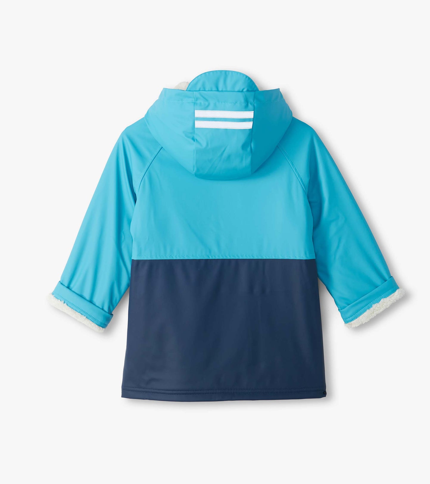 Back view of boys blue colourblock rain jacket with hood and reflective stripes on the hood