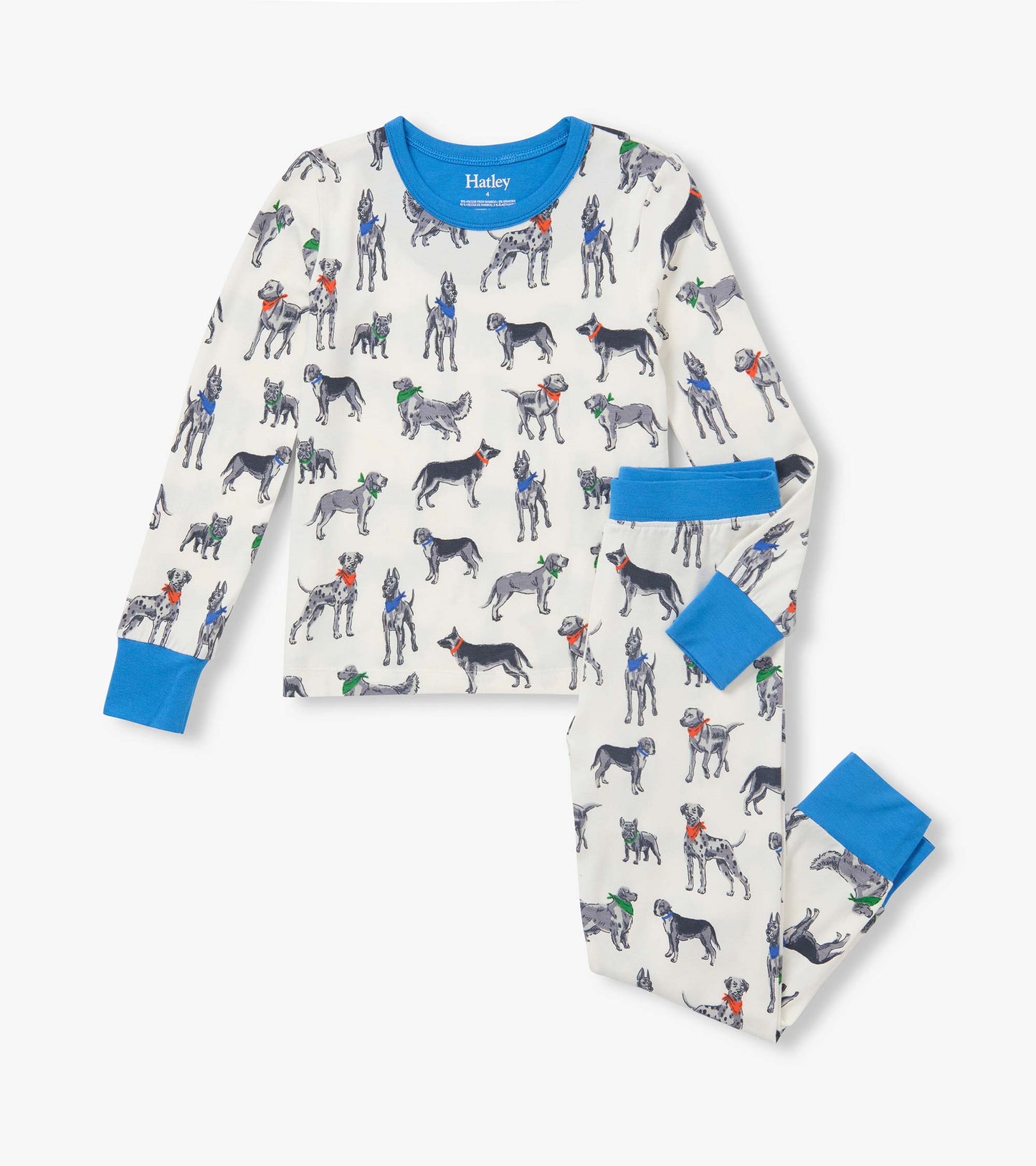 Kids pajama set with dog print, blue crew neck, blue cuffs, and matching pants